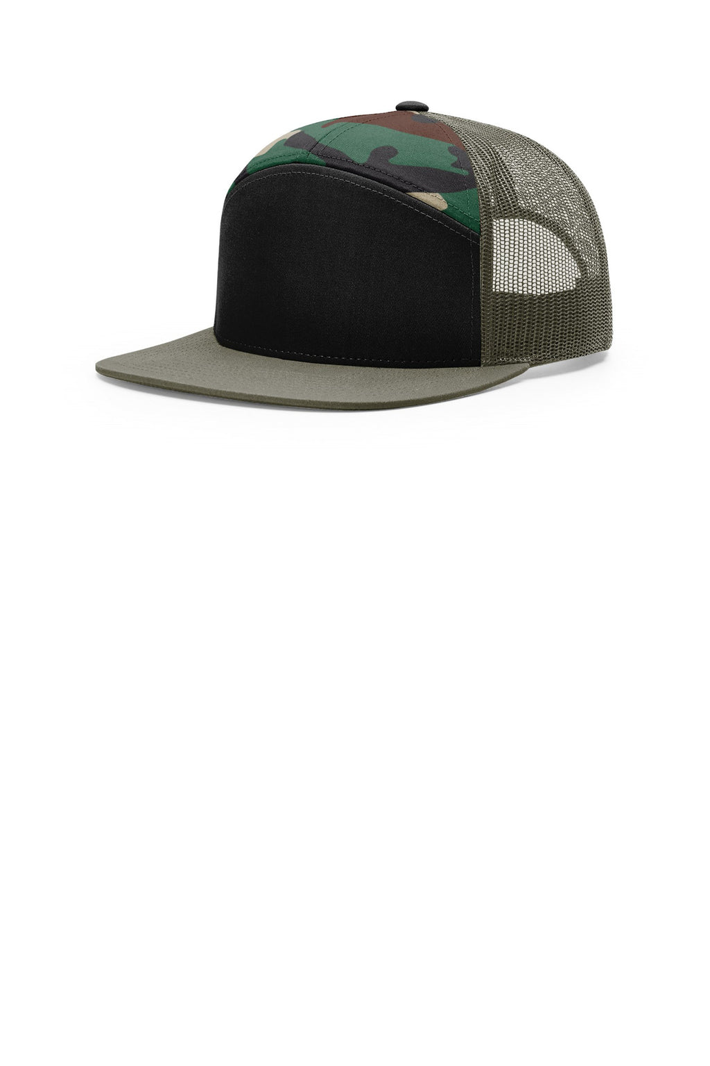 Richardson 7-Panel Trucker 168 - Black/ Green Camo/ Loden - front