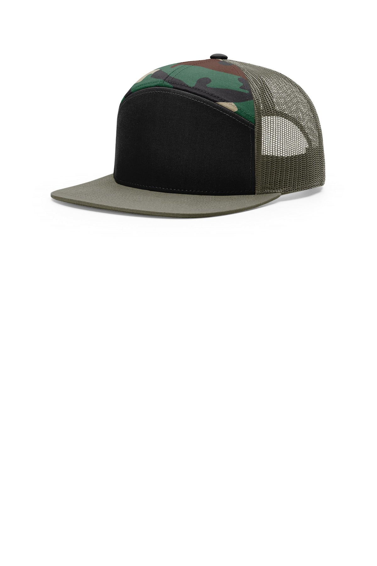Richardson 7-Panel Trucker 168 - Black/ Green Camo/ Loden - front
