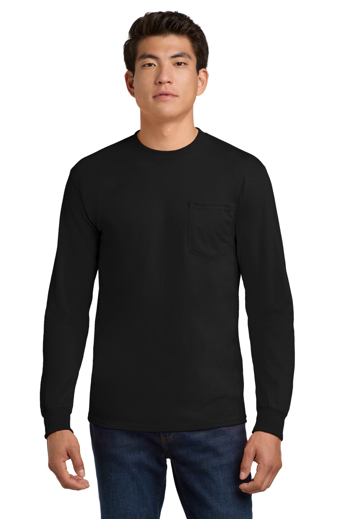 Gildan - Ultra Cotton 100% US Cotton Long Sleeve T-Shirt with Pocket. 2410 - Black - front
