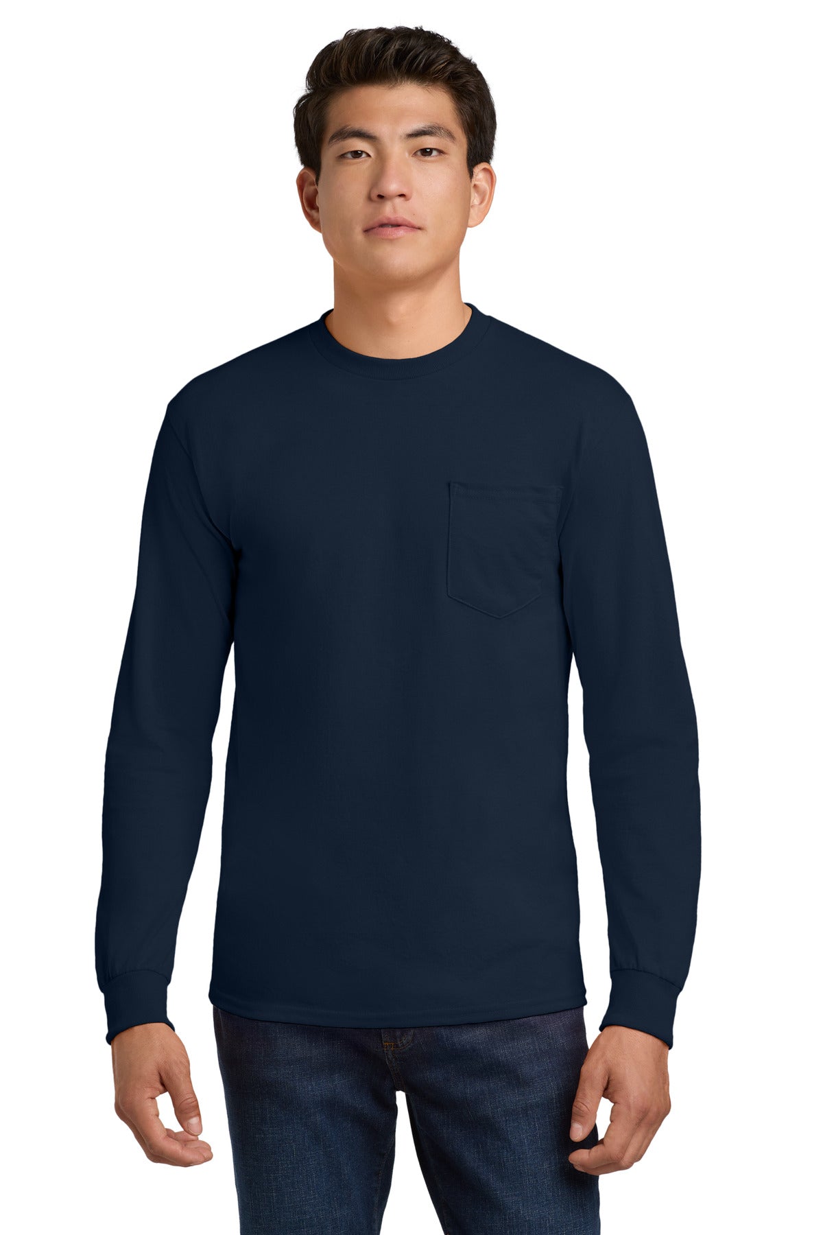 Gildan - Ultra Cotton 100% US Cotton Long Sleeve T-Shirt with Pocket. 2410 - Navy - front