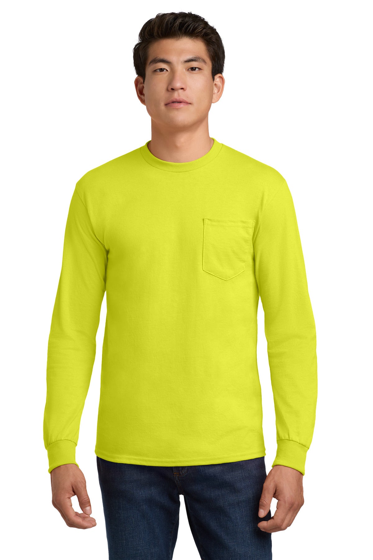 Gildan - Ultra Cotton 100% US Cotton Long Sleeve T-Shirt with Pocket. 2410 - Safety Green - front