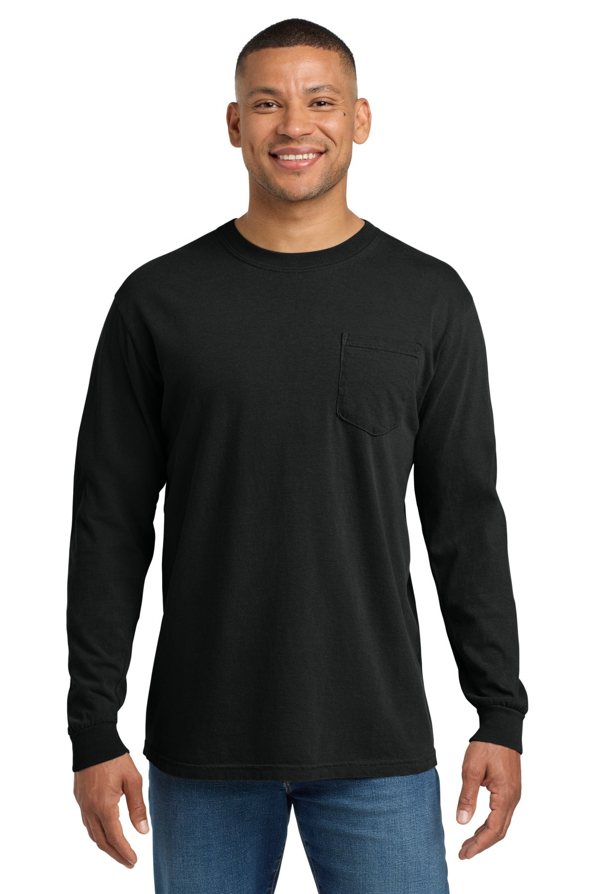 COMFORT COLORS Heavyweight Ring Spun Long Sleeve Pocket Tee. 4410 - Black - front