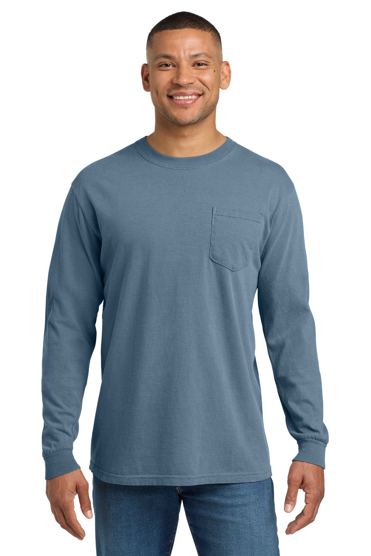 COMFORT COLORS Heavyweight Ring Spun Long Sleeve Pocket Tee. 4410 - Blue Jean - front
