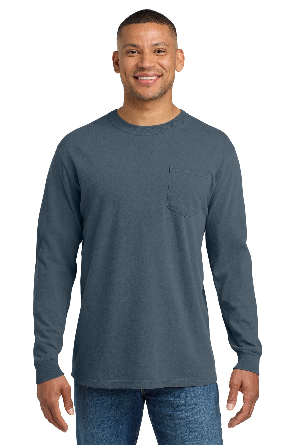 COMFORT COLORS Heavyweight Ring Spun Long Sleeve Pocket Tee. 4410 - Denim - front