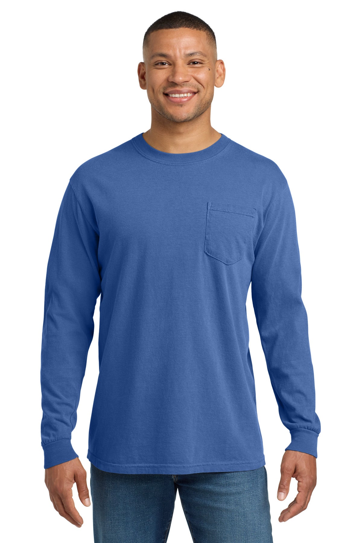 COMFORT COLORS Heavyweight Ring Spun Long Sleeve Pocket Tee. 4410 - Flo Blue - front