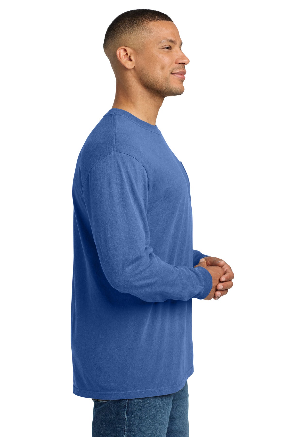 COMFORT COLORS Heavyweight Ring Spun Long Sleeve Pocket Tee. 4410 - Flo Blue - side
