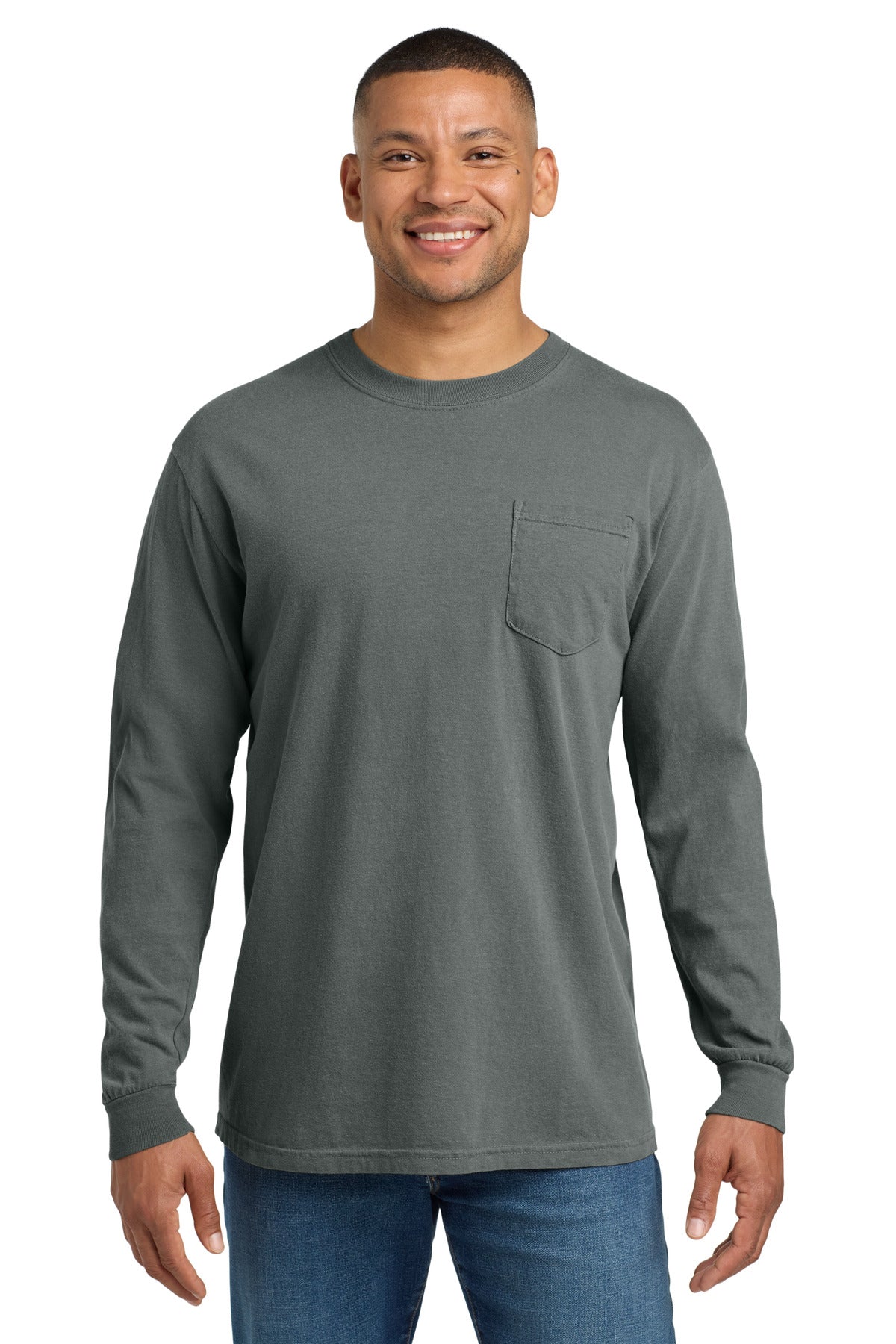 COMFORT COLORS Heavyweight Ring Spun Long Sleeve Pocket Tee. 4410 - Grey - front
