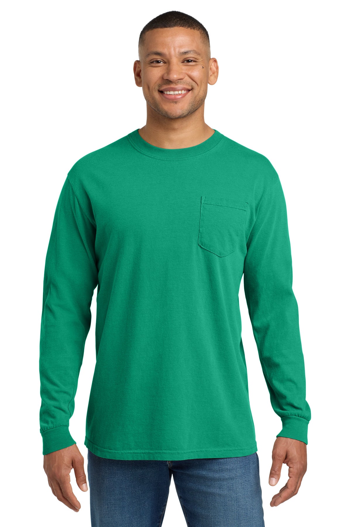 COMFORT COLORS Heavyweight Ring Spun Long Sleeve Pocket Tee. 4410 - Island Green - front