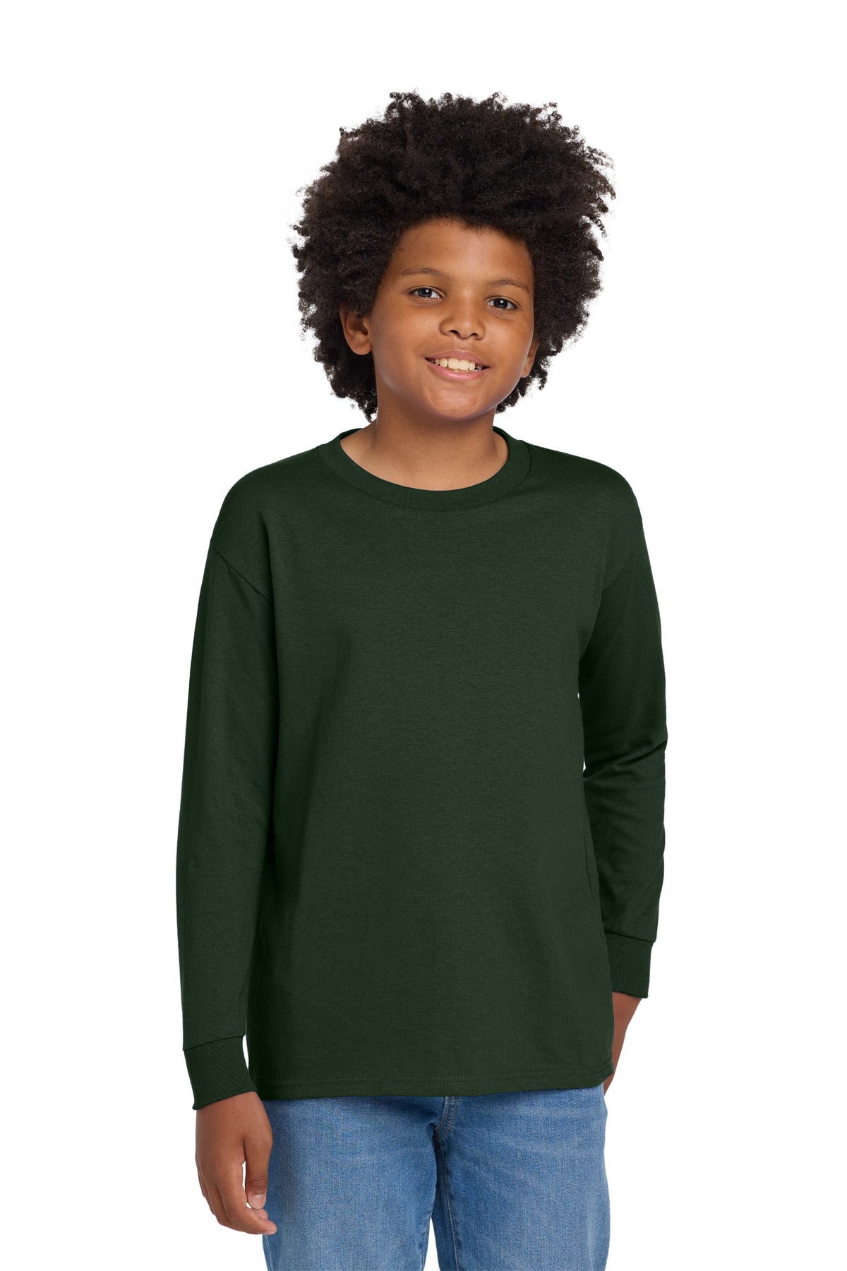 Gildan Youth Heavy Cotton 100% Cotton Long Sleeve T-Shirt. 5400B - Forest Green - front