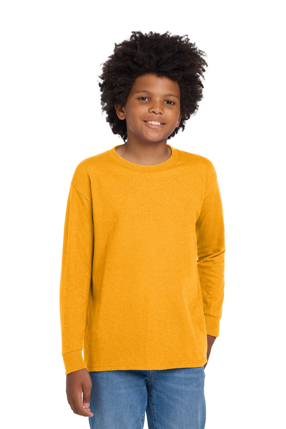 Gildan Youth Heavy Cotton 100% Cotton Long Sleeve T-Shirt. 5400B - Gold - front