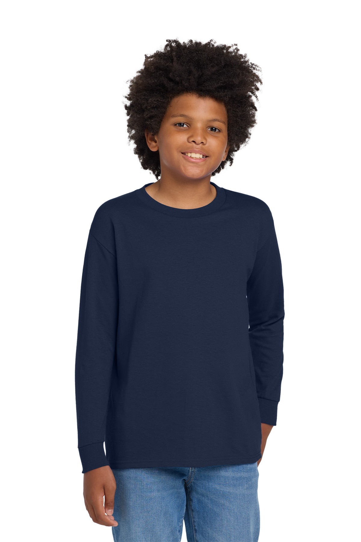 Gildan Youth Heavy Cotton 100% Cotton Long Sleeve T-Shirt. 5400B - Navy - front