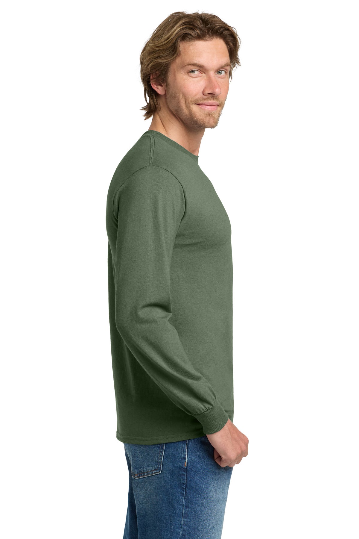 Gildan - Heavy Cotton 100% Cotton Long Sleeve T-Shirt. 5400 - Military Green - side