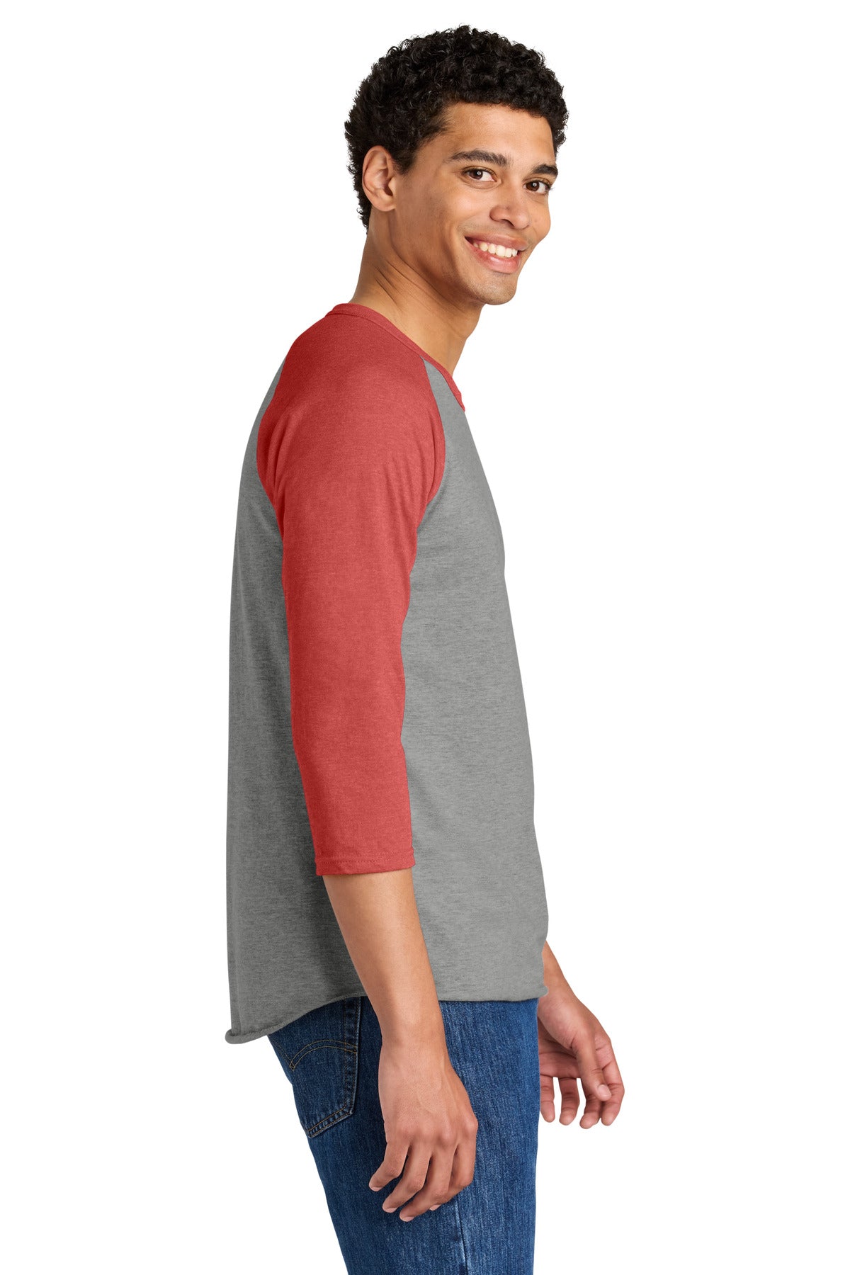 Jerzees Unisex Premium Blend Combed Ring Spun 3/4-Sleeve Raglan 560R - Oxford/ Fiery Red Heather - side