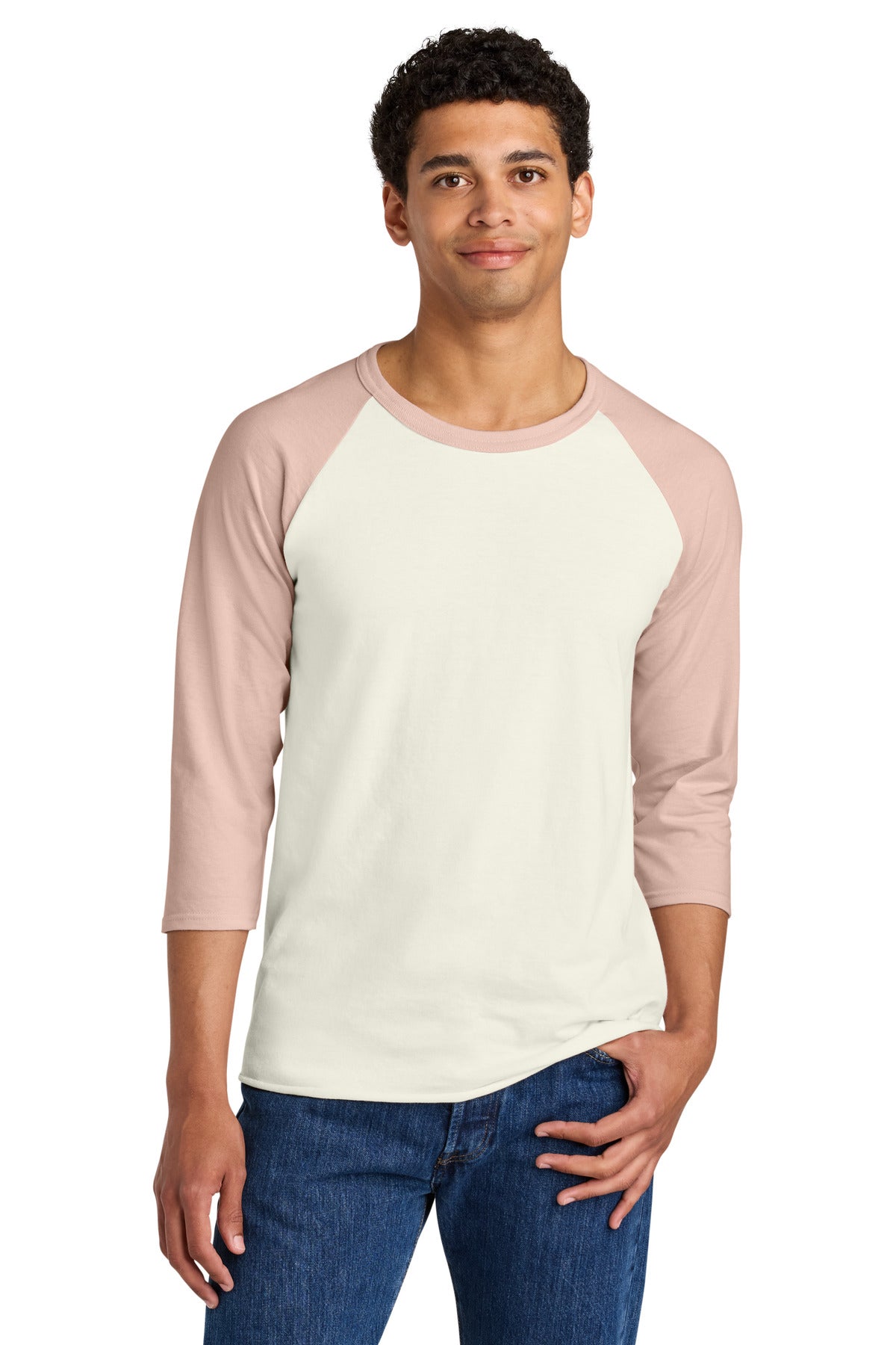Jerzees Unisex Premium Blend Combed Ring Spun 3/4-Sleeve Raglan 560R - Sweet Cream Heather/ Blush Pink - front