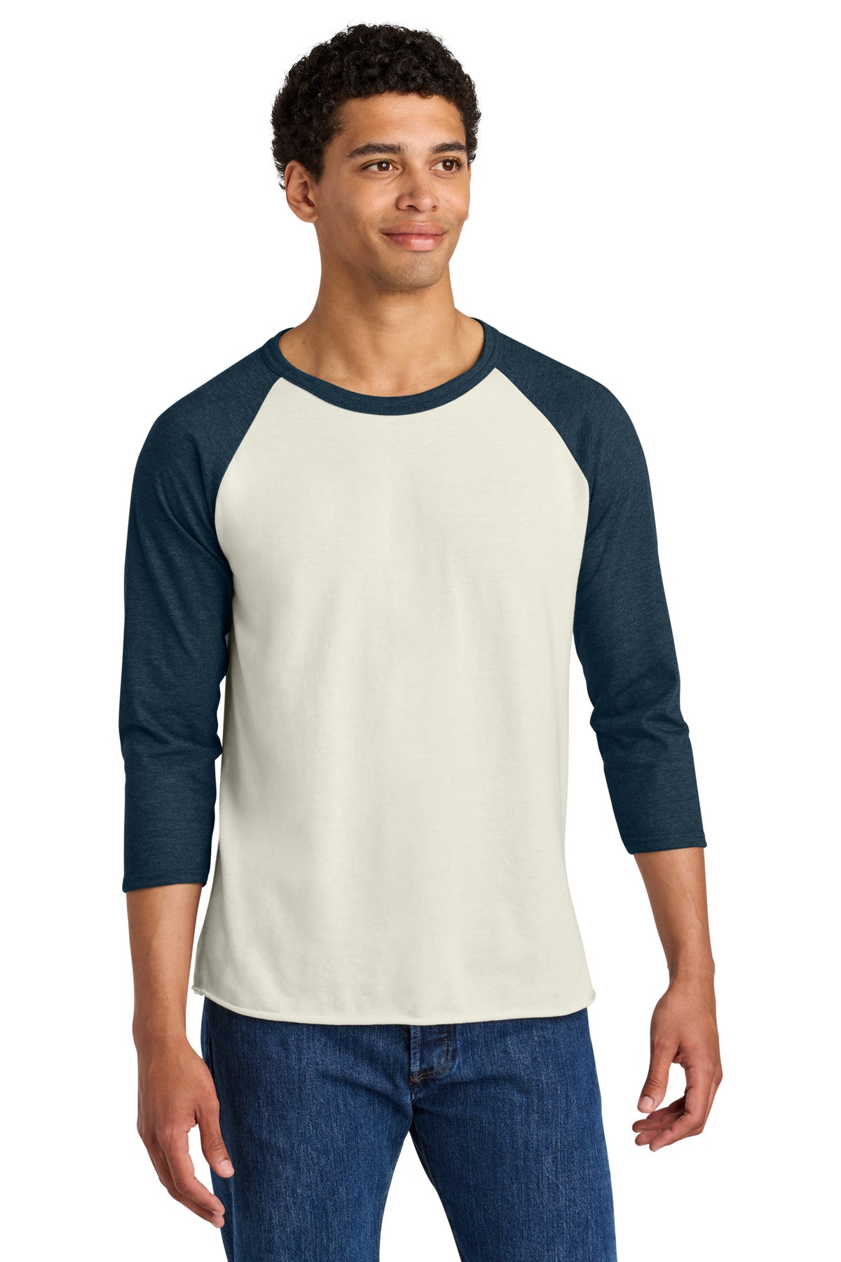 Jerzees Unisex Premium Blend Combed Ring Spun 3/4-Sleeve Raglan 560R - Sweet Cream Heather/ Indigo Heather - front