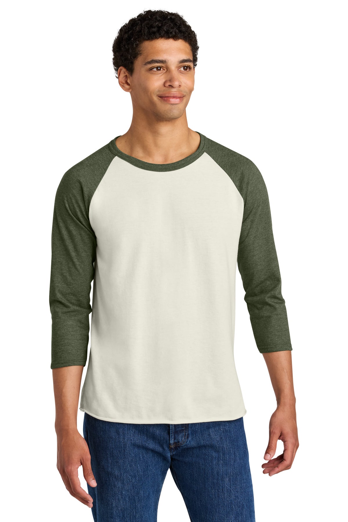 Jerzees Unisex Premium Blend Combed Ring Spun 3/4-Sleeve Raglan 560R - Sweet Cream Heather/ Military Green Heather - front