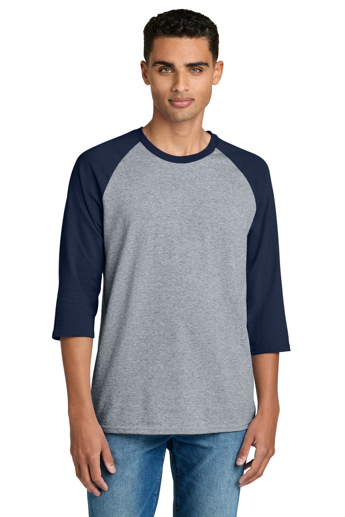 Gildan Heavy Cotton 3/4-Sleeve Raglan T-Shirt. 5700 - Sport Grey Trim Navy - front