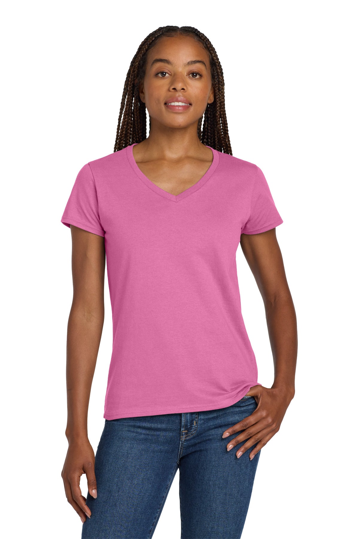 Gildan Women's Heavy Cotton 100% Cotton V-Neck T-Shirt. 5V00L - Azalea - front