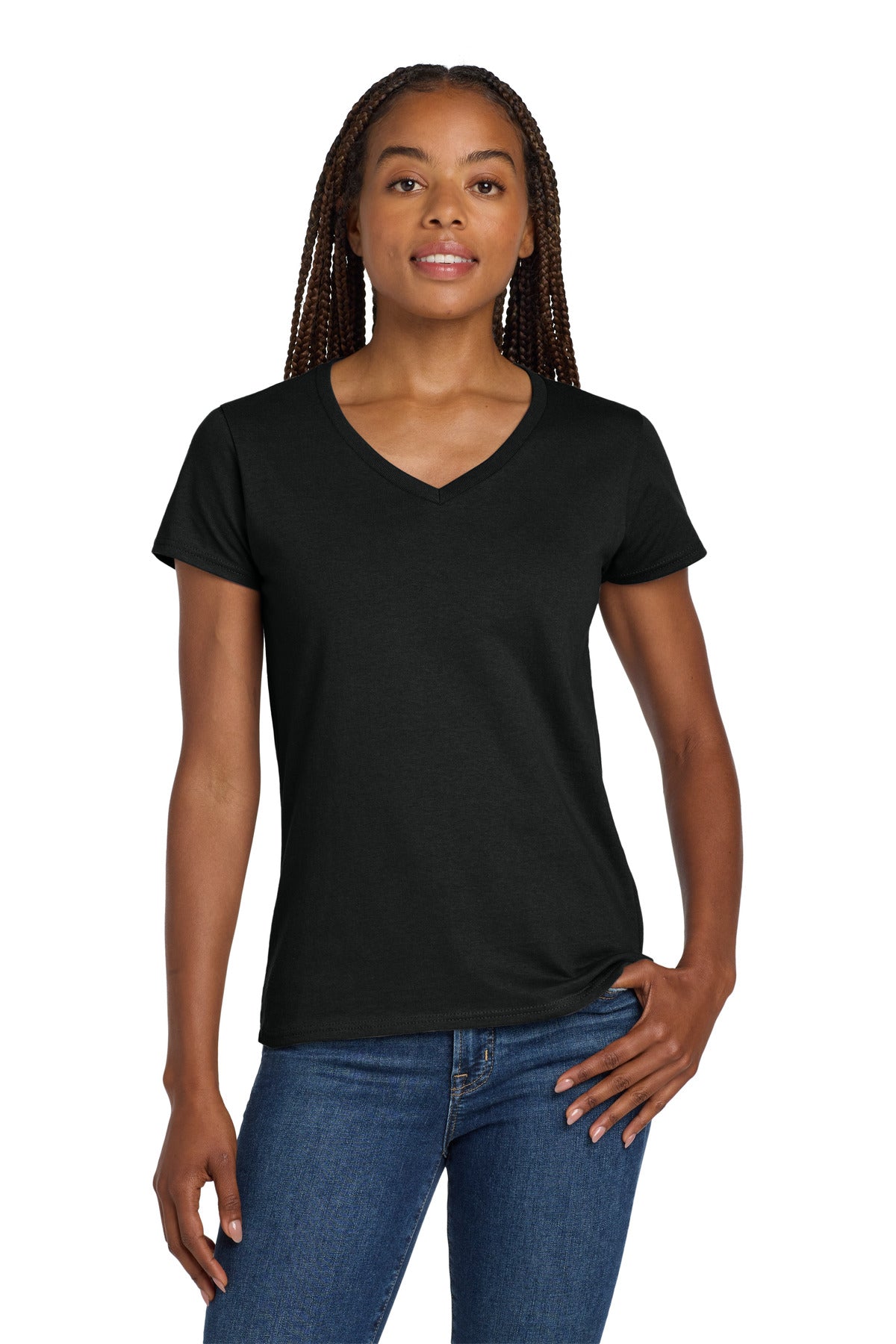 Gildan Women's Heavy Cotton 100% Cotton V-Neck T-Shirt. 5V00L - Black - front