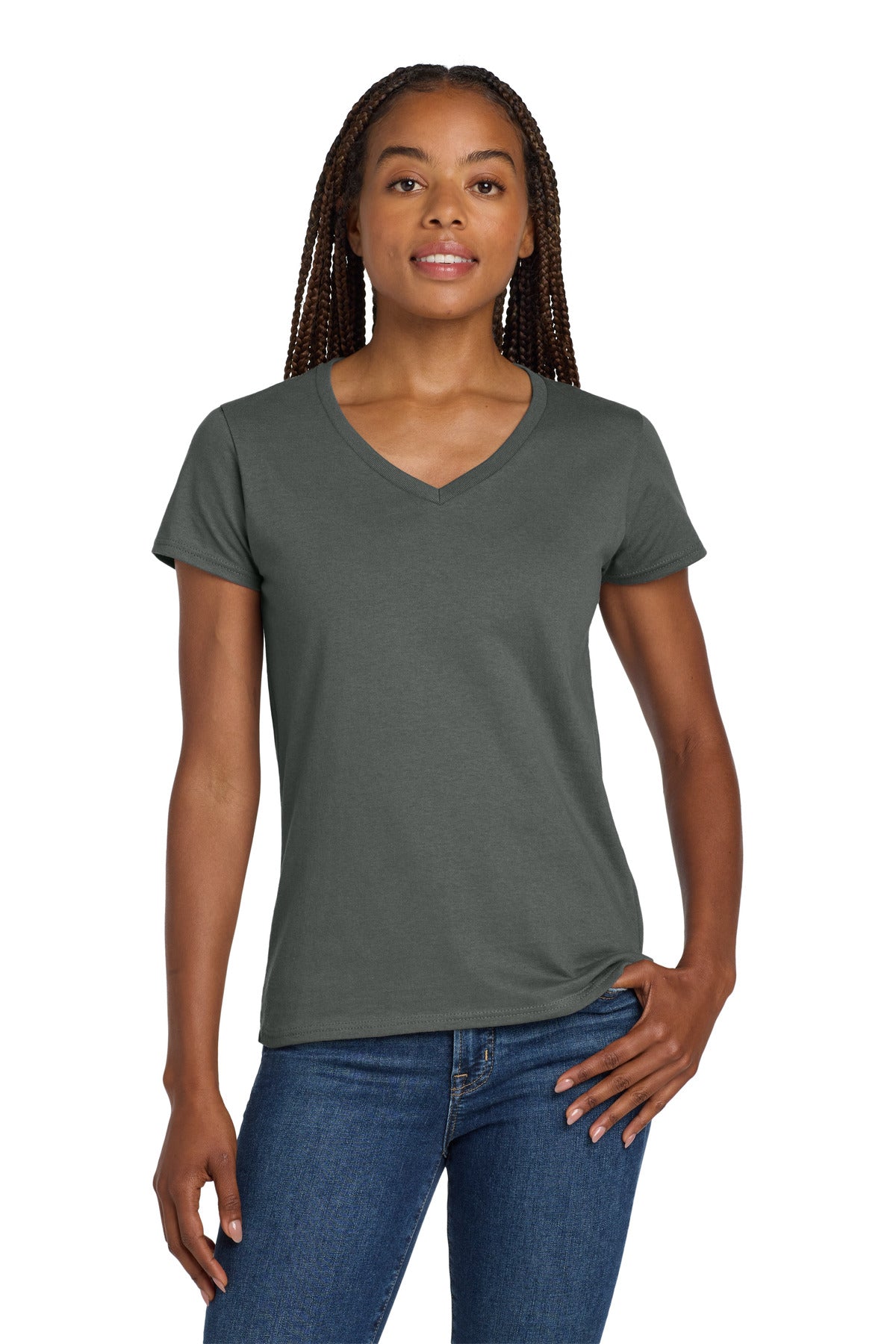 Gildan Women's Heavy Cotton 100% Cotton V-Neck T-Shirt. 5V00L - Charcoal - front