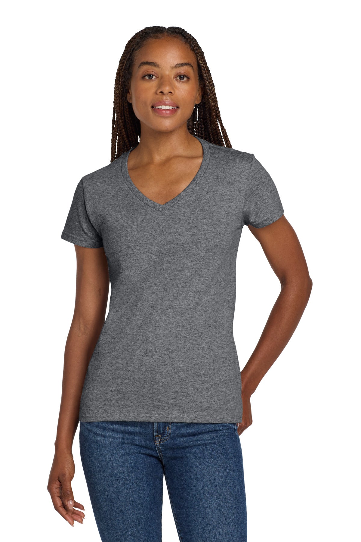 Gildan Women's Heavy Cotton 100% Cotton V-Neck T-Shirt. 5V00L - Graphite Heather - front