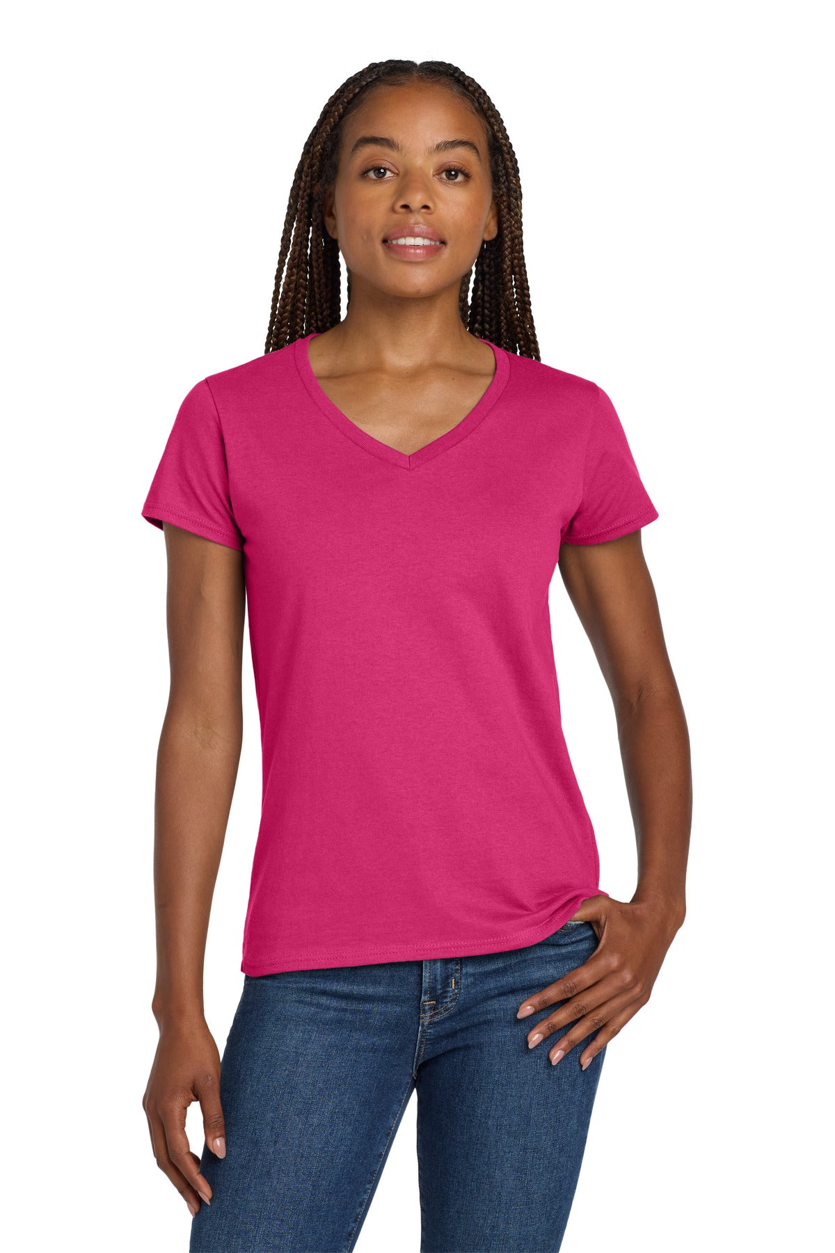 Gildan Women's Heavy Cotton 100% Cotton V-Neck T-Shirt. 5V00L - Heliconia - front