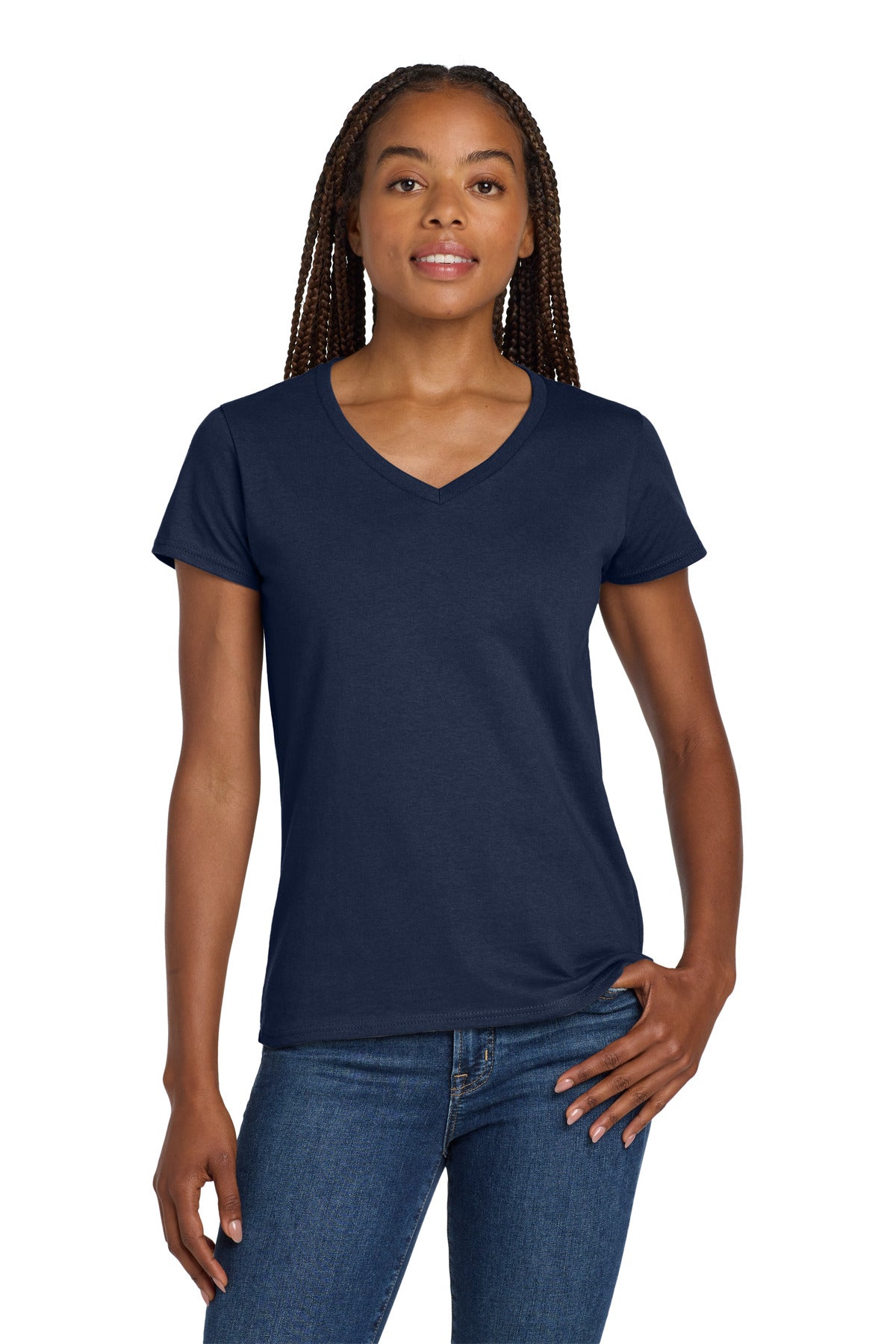 Gildan Women's Heavy Cotton 100% Cotton V-Neck T-Shirt. 5V00L - Navy - front
