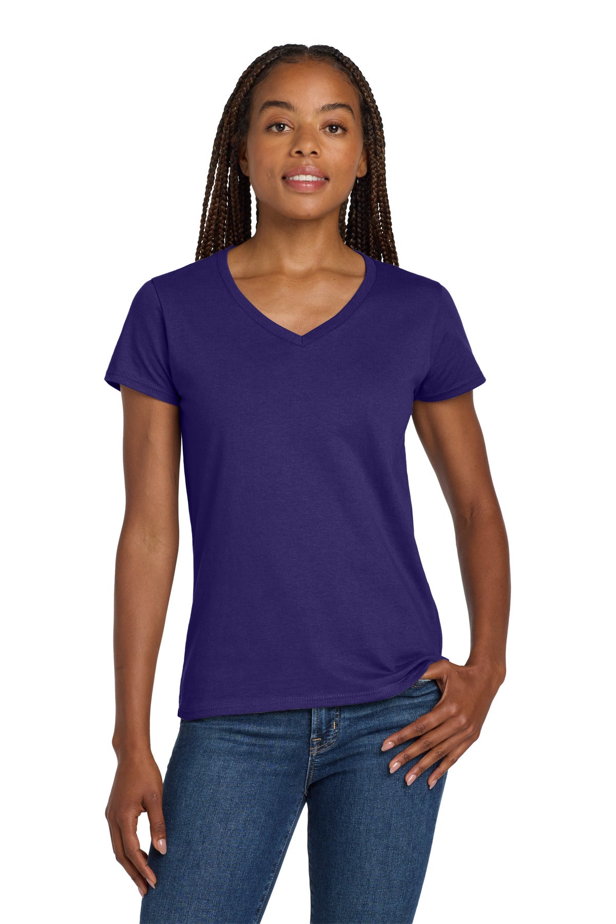 Gildan Women's Heavy Cotton 100% Cotton V-Neck T-Shirt. 5V00L - Purple - front