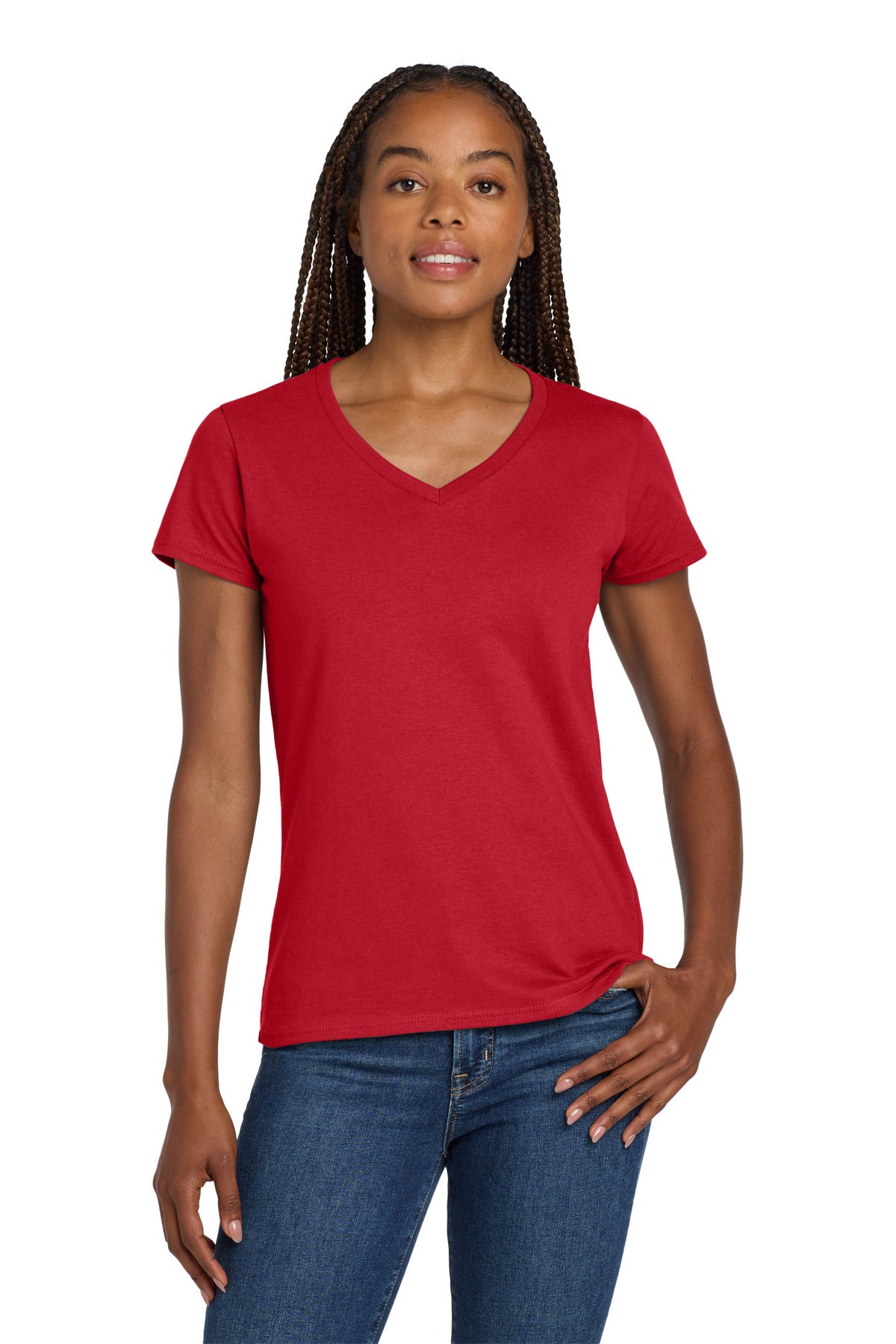 Gildan Women's Heavy Cotton 100% Cotton V-Neck T-Shirt. 5V00L - Red - front