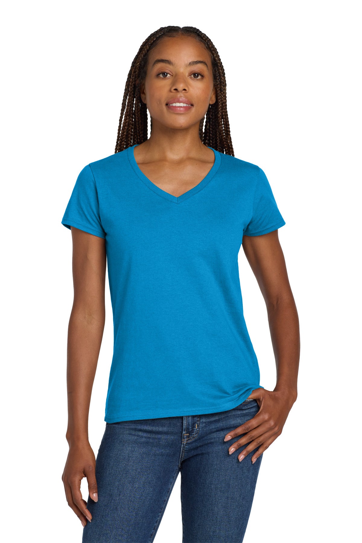 Gildan Women's Heavy Cotton 100% Cotton V-Neck T-Shirt. 5V00L - Sapphire - front