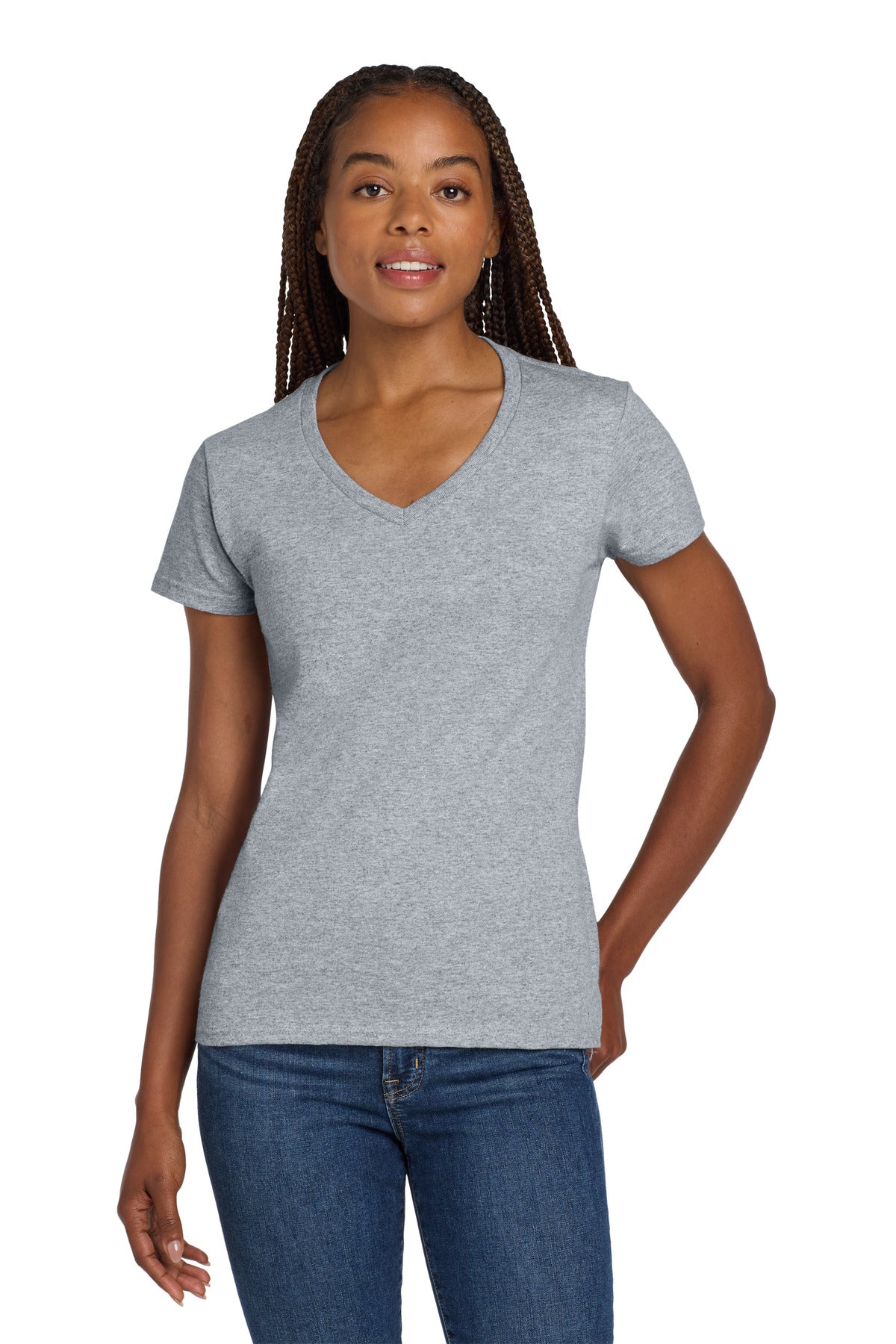 Gildan Women's Heavy Cotton 100% Cotton V-Neck T-Shirt. 5V00L - Sport Grey - front