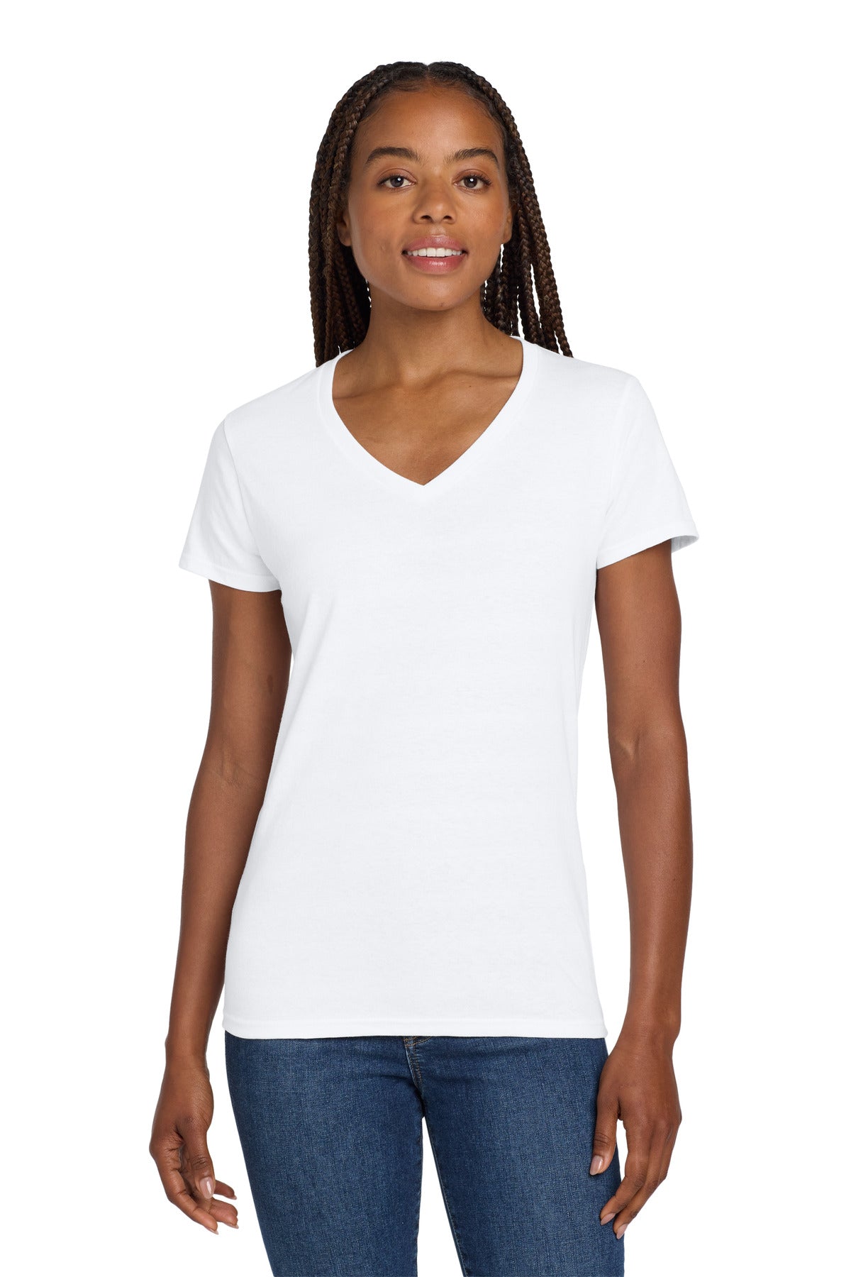 Gildan Women's Heavy Cotton 100% Cotton V-Neck T-Shirt. 5V00L - White - front