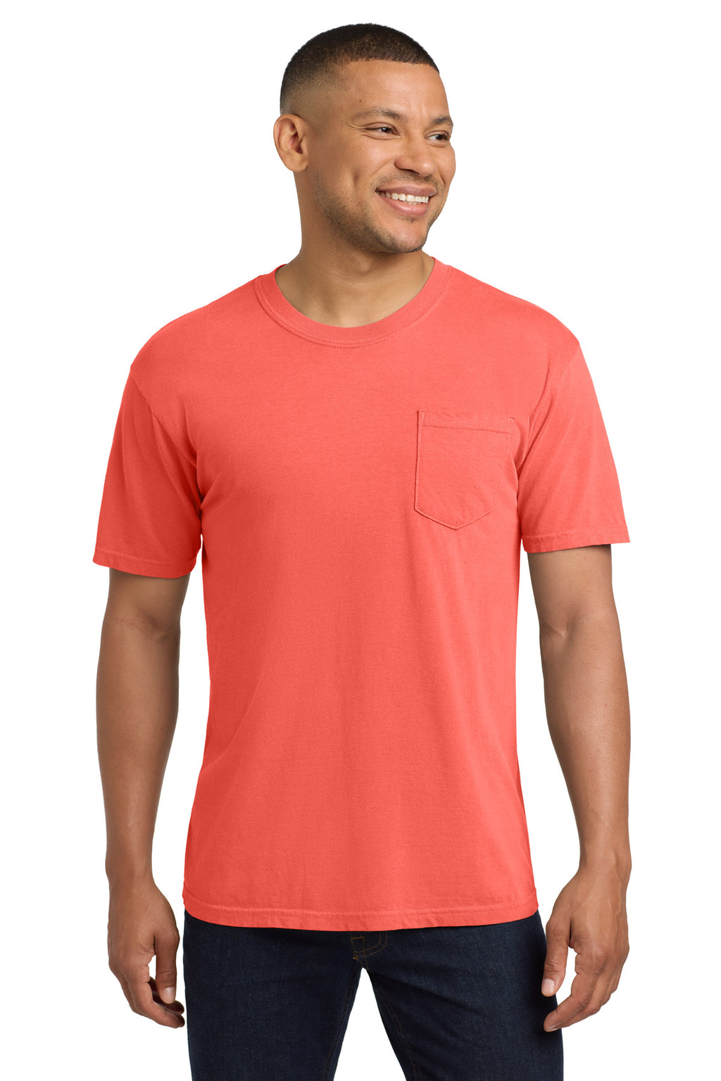 COMFORT COLORS Heavyweight Ring Spun Pocket Tee. 6030 - Neon Red Orange - front