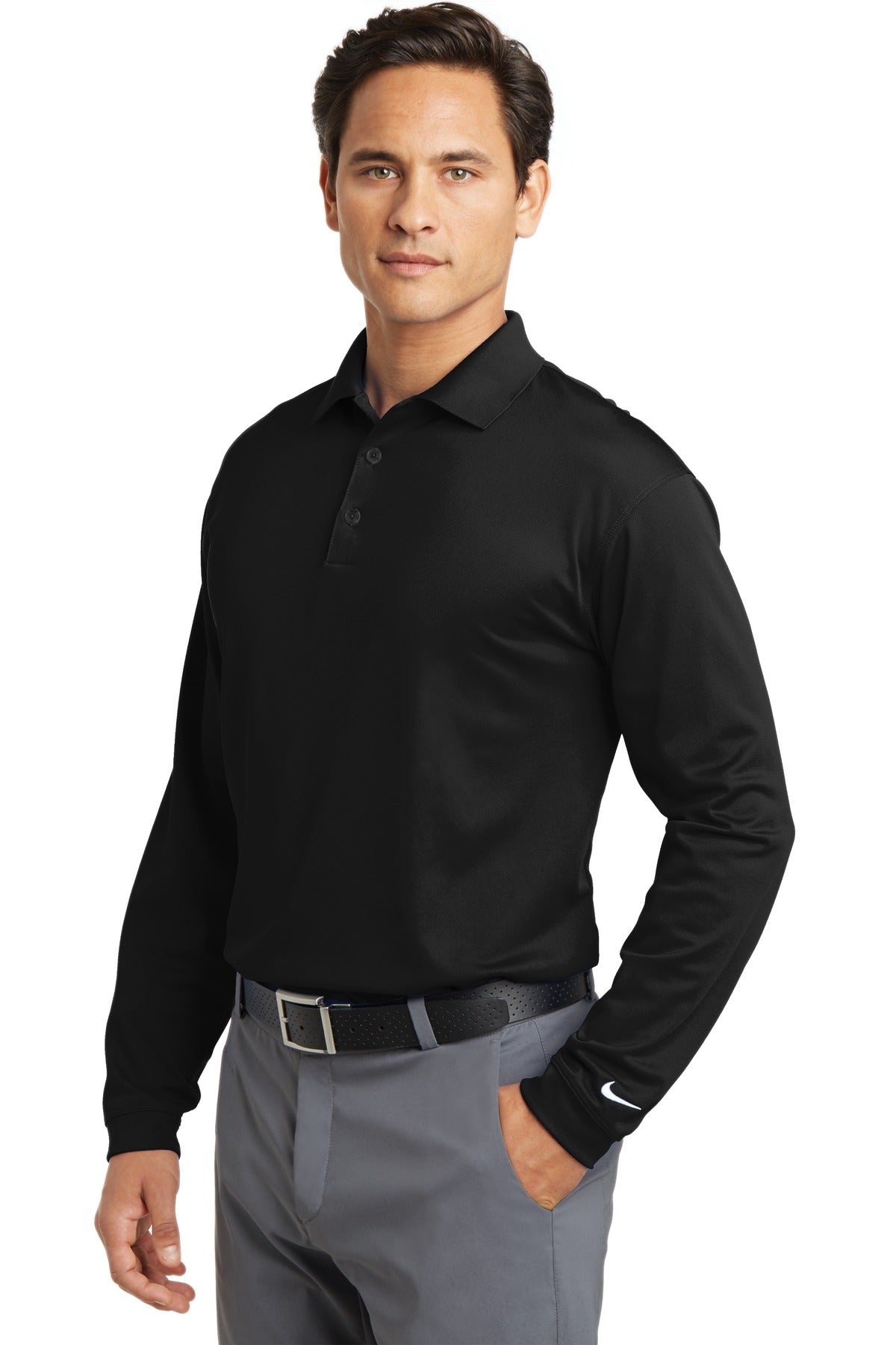 DISCONTINUED Nike Tall Long Sleeve Dri-FIT Stretch Tech Polo. 604940 - Black - three_q