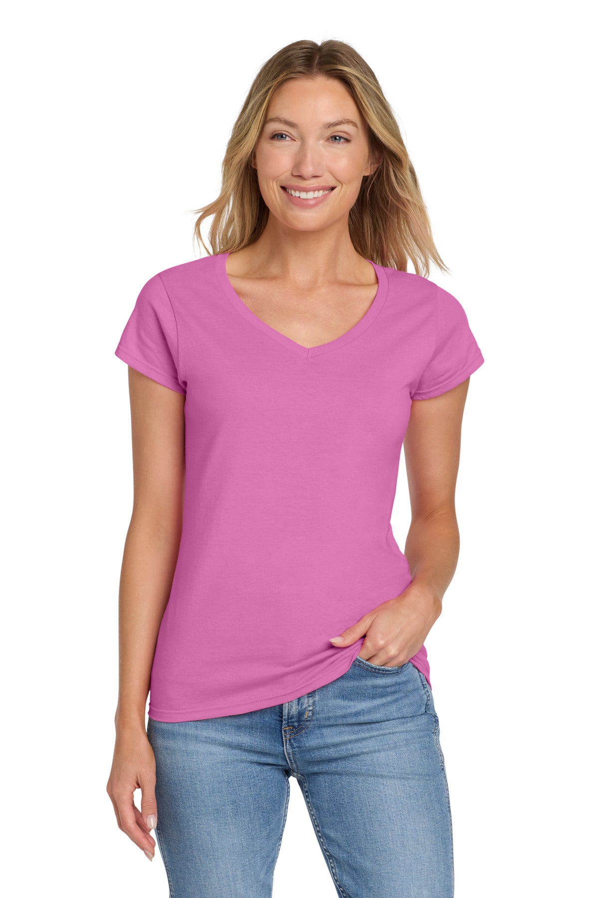 Gildan Softstyle Women's Fit V-Neck T-Shirt. 64V00L - Azalea - front