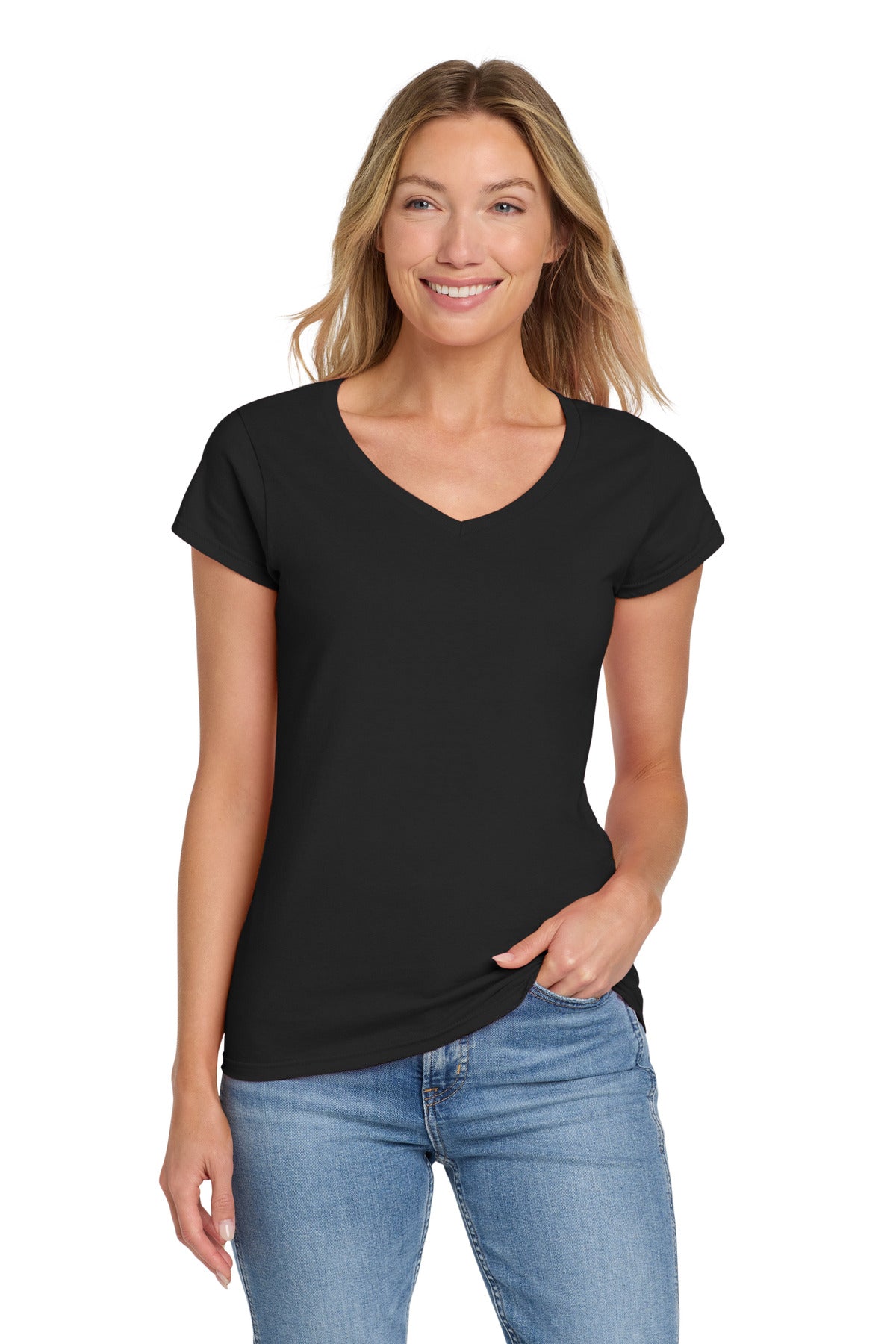 Gildan Softstyle Women's Fit V-Neck T-Shirt. 64V00L - Black - front