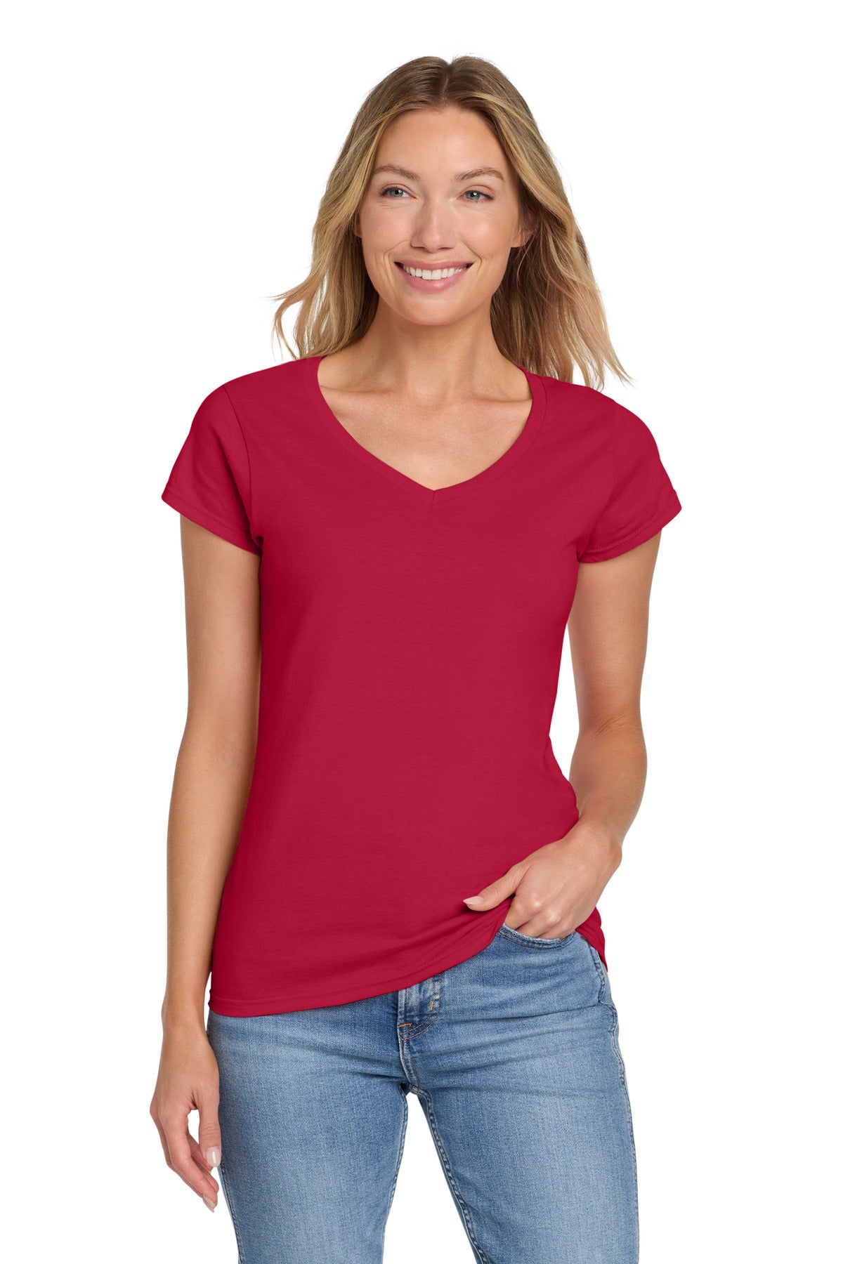 Gildan Softstyle Women's Fit V-Neck T-Shirt. 64V00L - Cherry Red - front