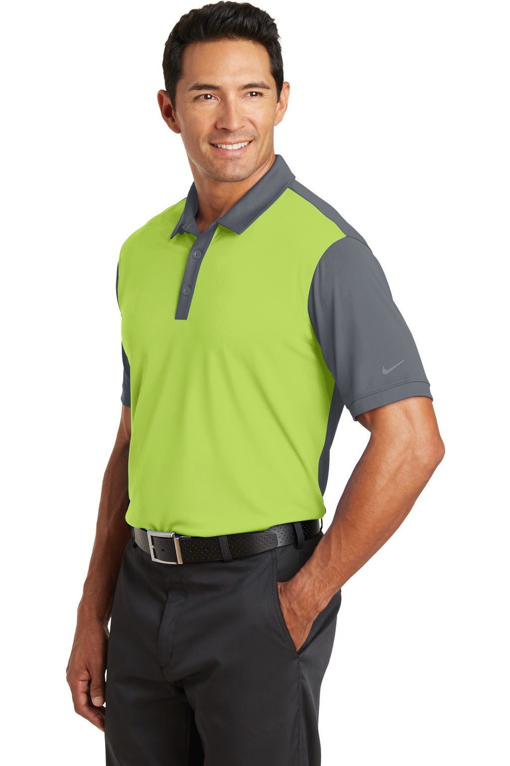 DISCONTINUED Nike Dri-FIT Colorblock Icon Modern Fit Polo. 746101 - Chartreuse/ Dark Grey - three_q