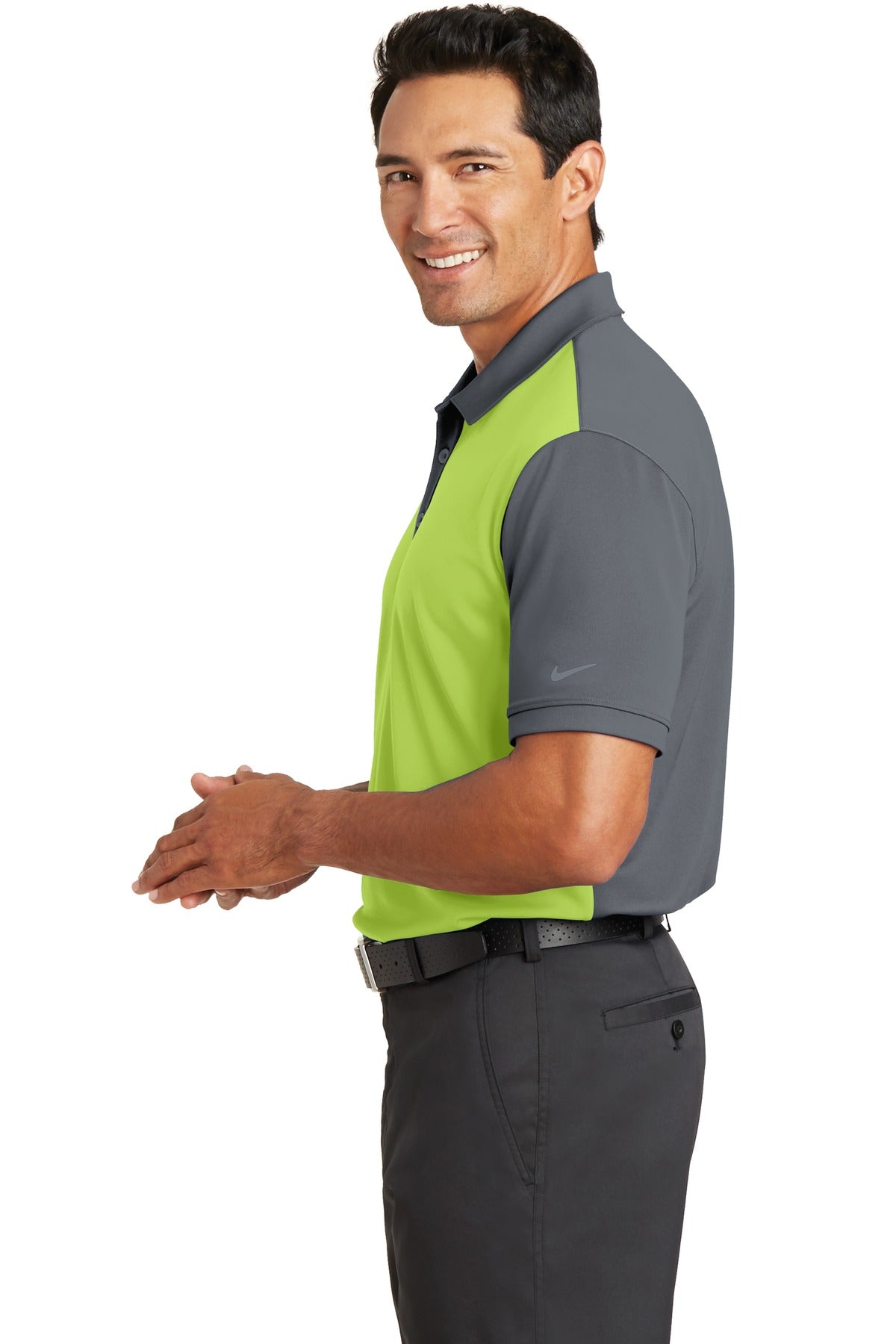 DISCONTINUED Nike Dri-FIT Colorblock Icon Modern Fit Polo. 746101 - Chartreuse/ Dark Grey - side