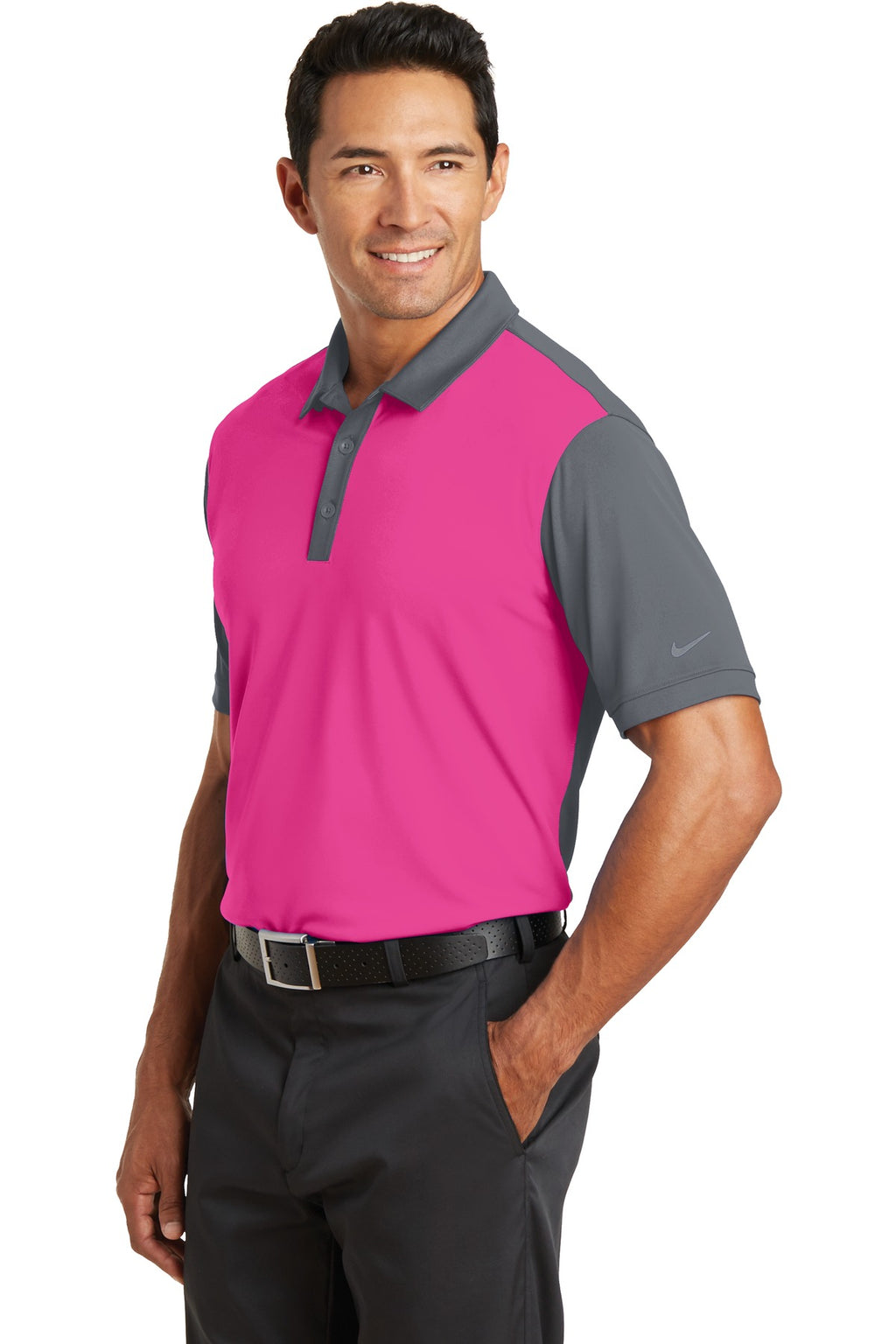 DISCONTINUED Nike Dri-FIT Colorblock Icon Modern Fit Polo. 746101 - Vivid Pink/ Dark Grey - three_q