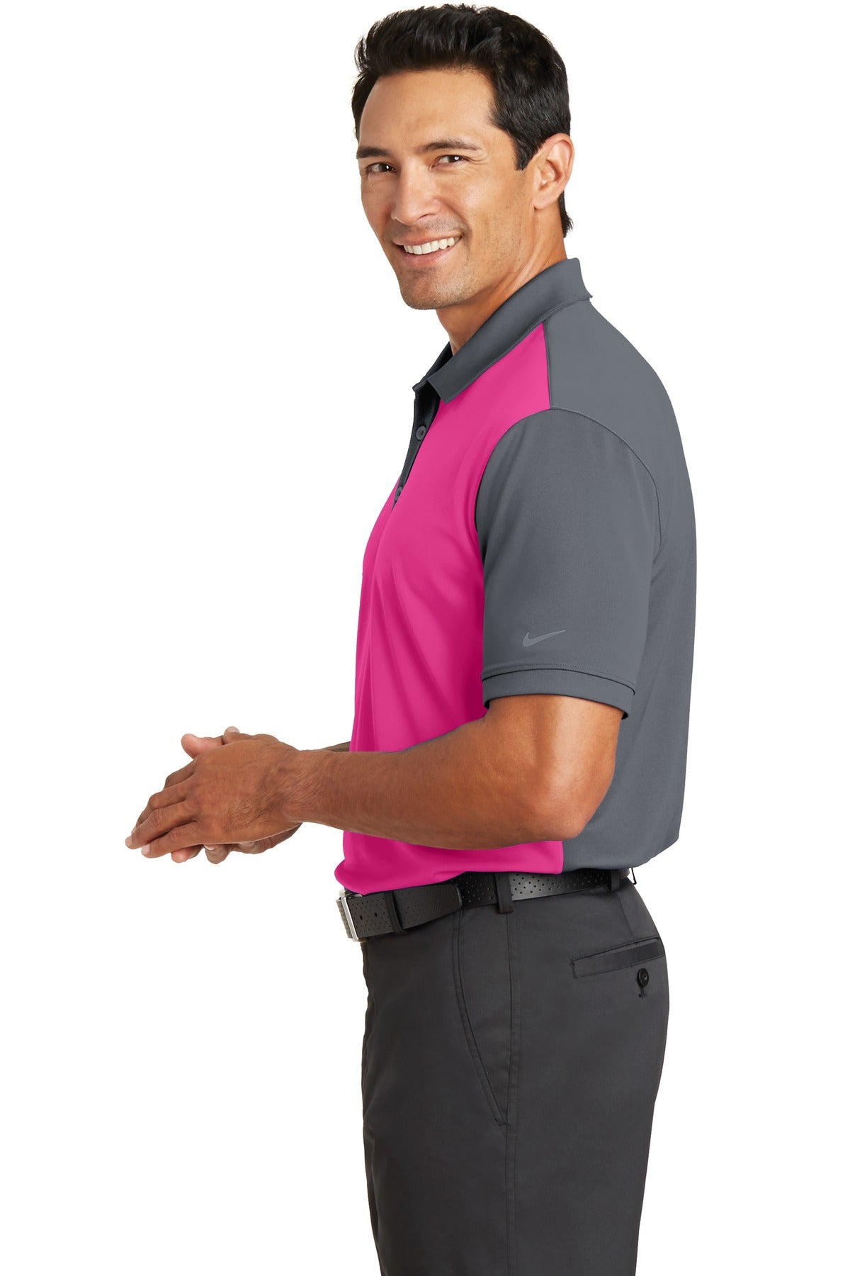 DISCONTINUED Nike Dri-FIT Colorblock Icon Modern Fit Polo. 746101 - Vivid Pink/ Dark Grey - side