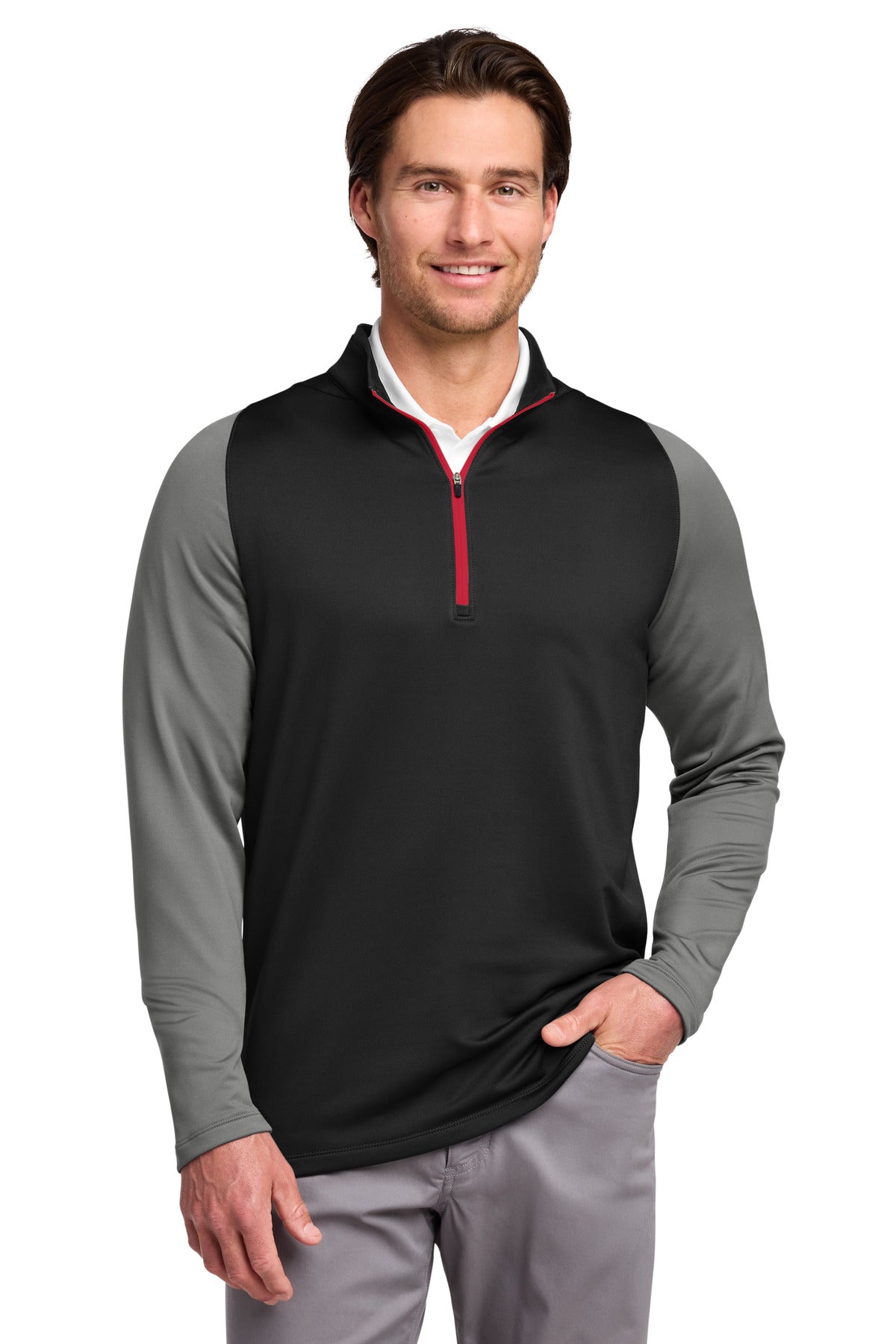 Nike Dri-FIT Stretch 1/2-Zip Cover-Up. 779795 - Black/ Dark Grey/ Gym Red - front