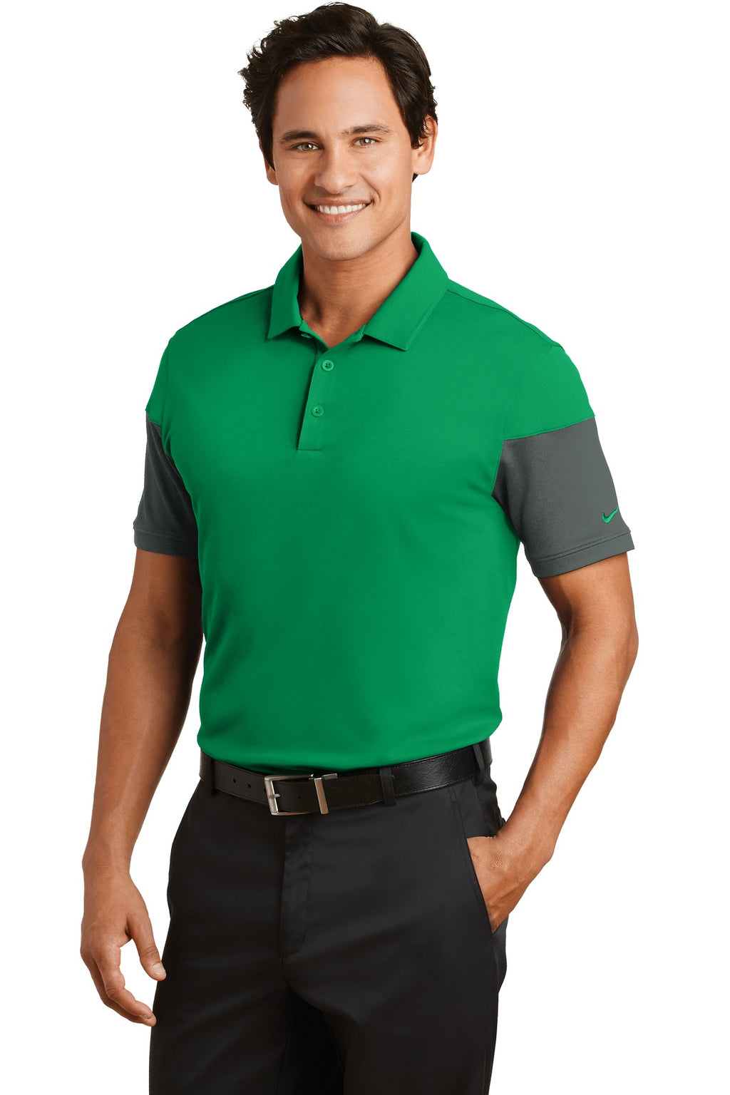 DISCONTINUED Nike Dri-FIT Sleeve Colorblock Modern Fit Polo. 779802 - Pine Green/ Anthracite - three_q