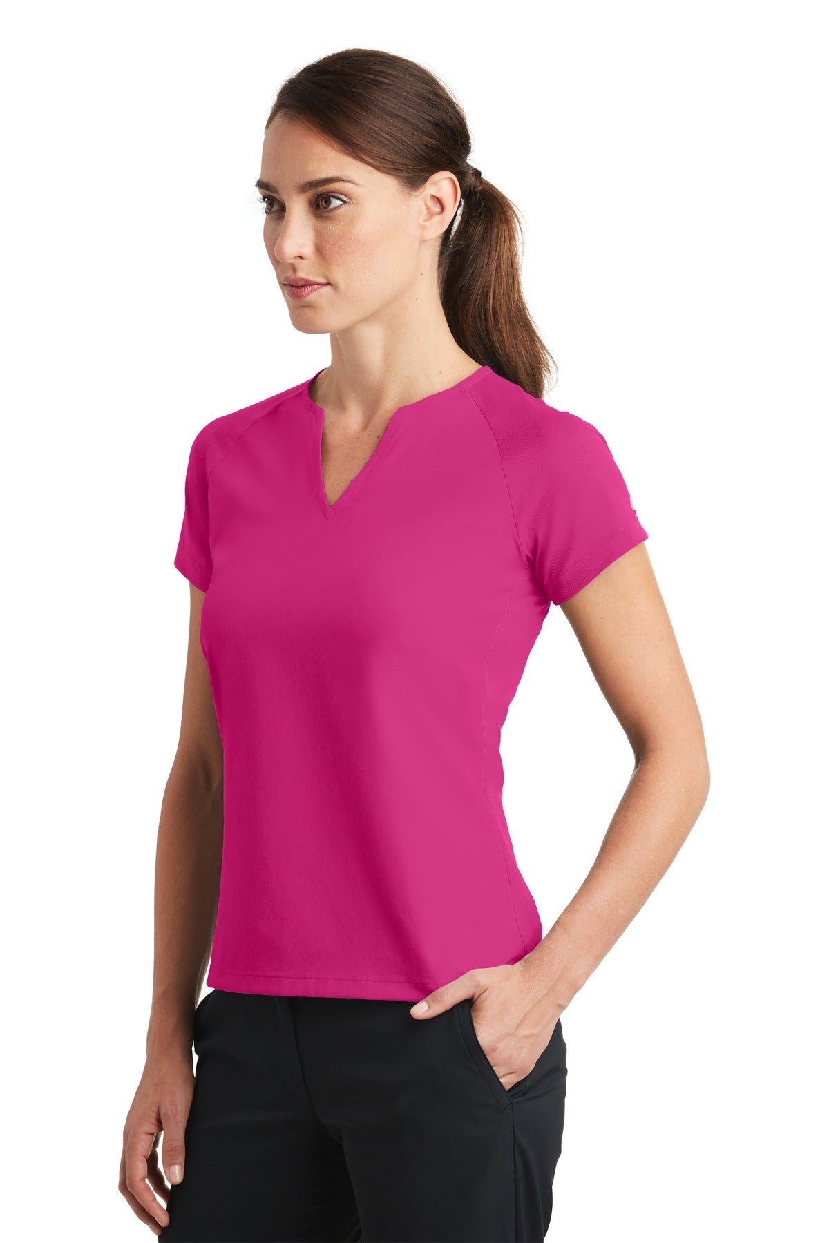 DISCONTINUED Nike Ladies Dri-FIT Stretch Woven V-Neck Top. 838960 - Sport Fuchsia/ Sport Fuchsia - three_q