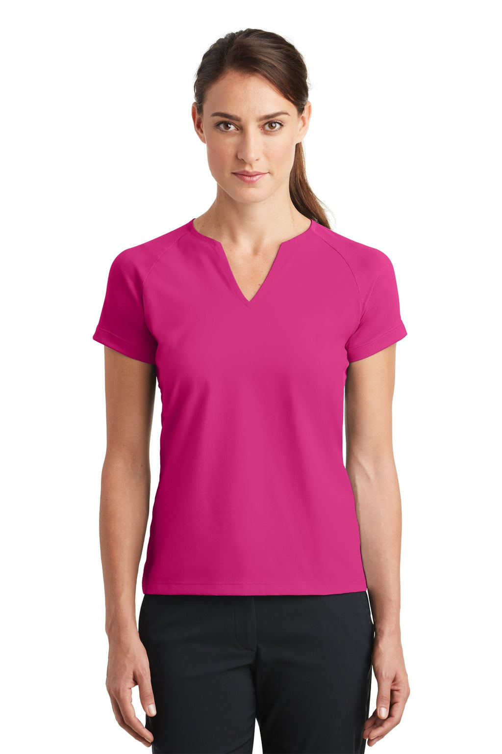 DISCONTINUED Nike Ladies Dri-FIT Stretch Woven V-Neck Top. 838960 - Sport Fuchsia/ Sport Fuchsia - front