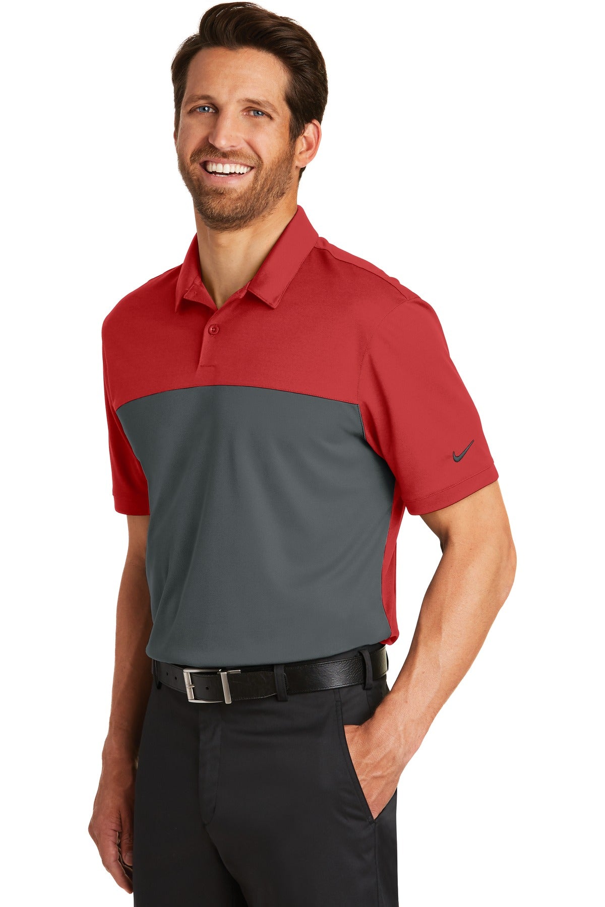 DISCONTINUED Nike Dri-FIT Colorblock Micro Pique Polo. 881655 - Varsity Red/ Anthracite - three_q