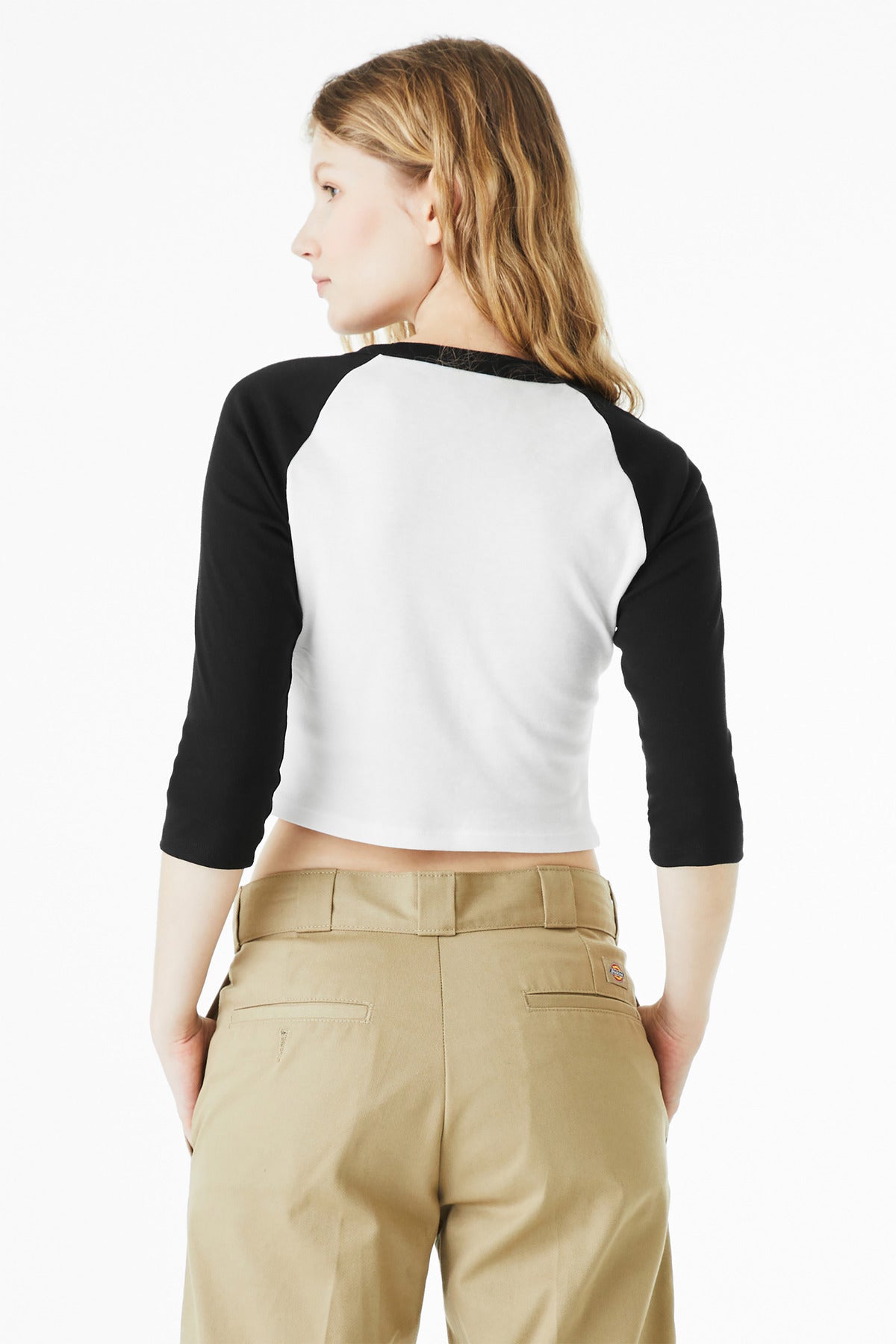 BELLA+CANVAS Women's Micro Rib 3/4 Raglan Baby Tee BC1200 - White/ Black - back