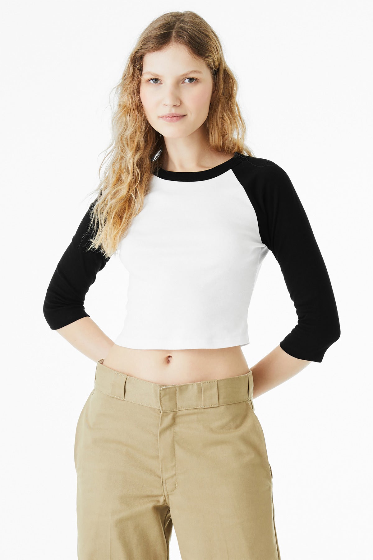 BELLA+CANVAS Women's Micro Rib 3/4 Raglan Baby Tee BC1200 - White/ Black - front