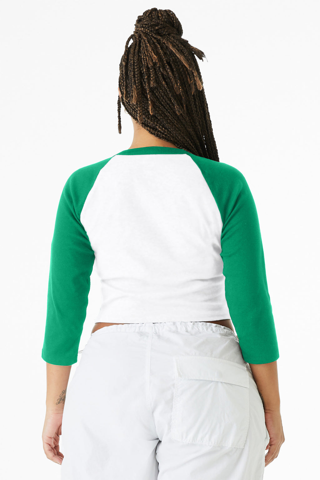 BELLA+CANVAS Women's Micro Rib 3/4 Raglan Baby Tee BC1200 - White/ Kelly - back