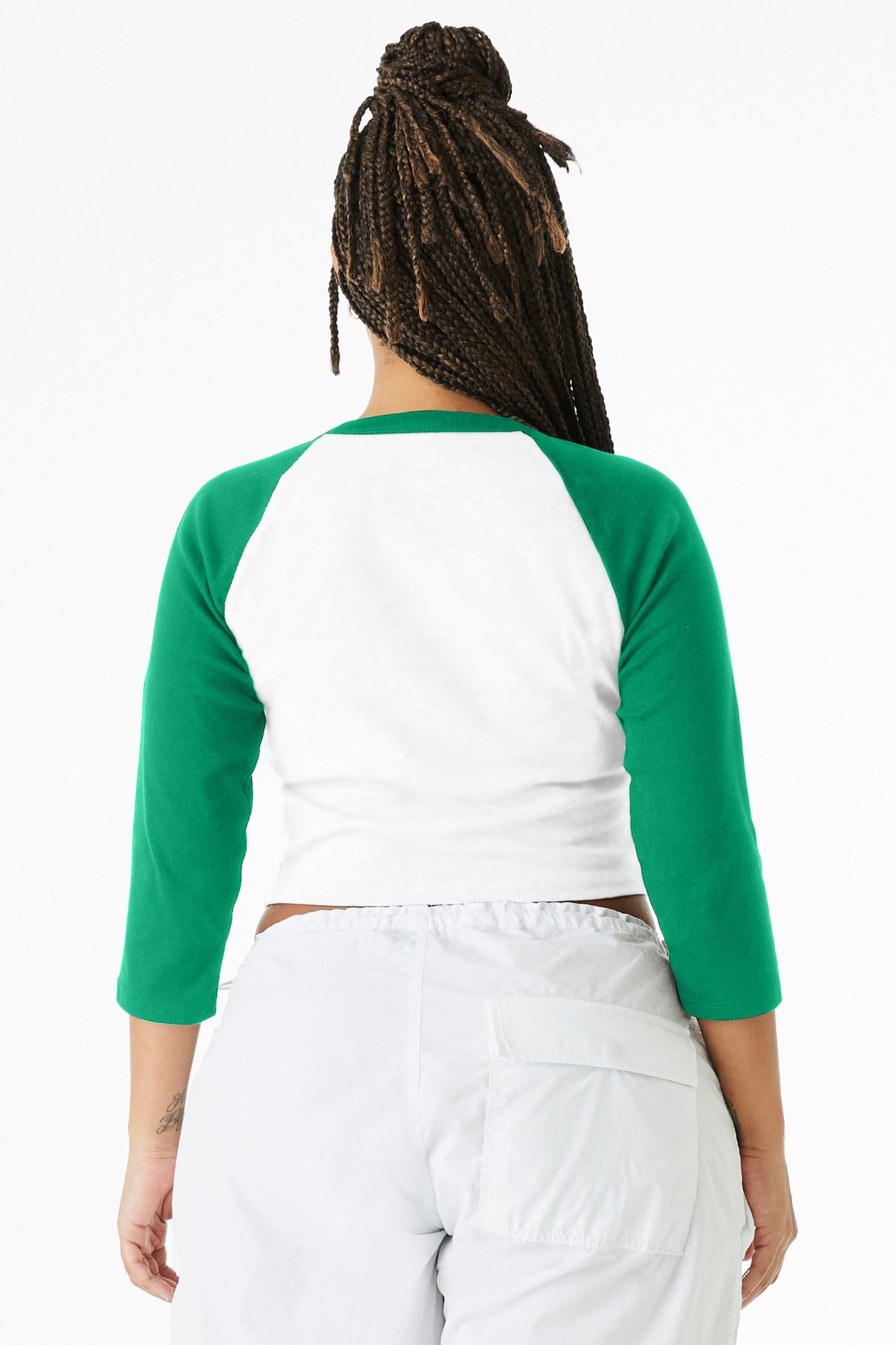 BELLA+CANVAS Women's Micro Rib 3/4 Raglan Baby Tee BC1200 - White/ Kelly - back